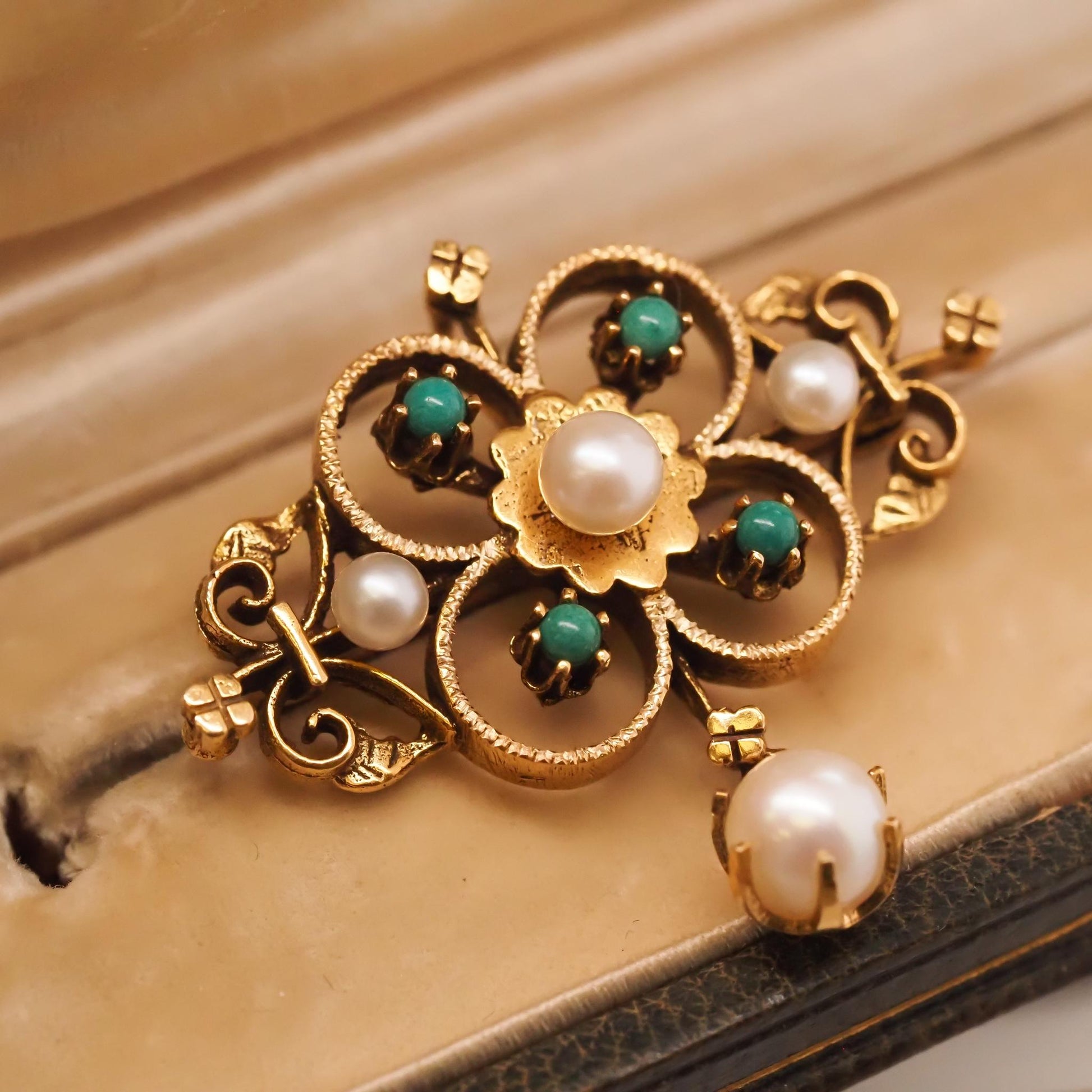 1950s 14K Yellow Gold Pearl and Turquoise Brooch and Pendant - VHK#705
