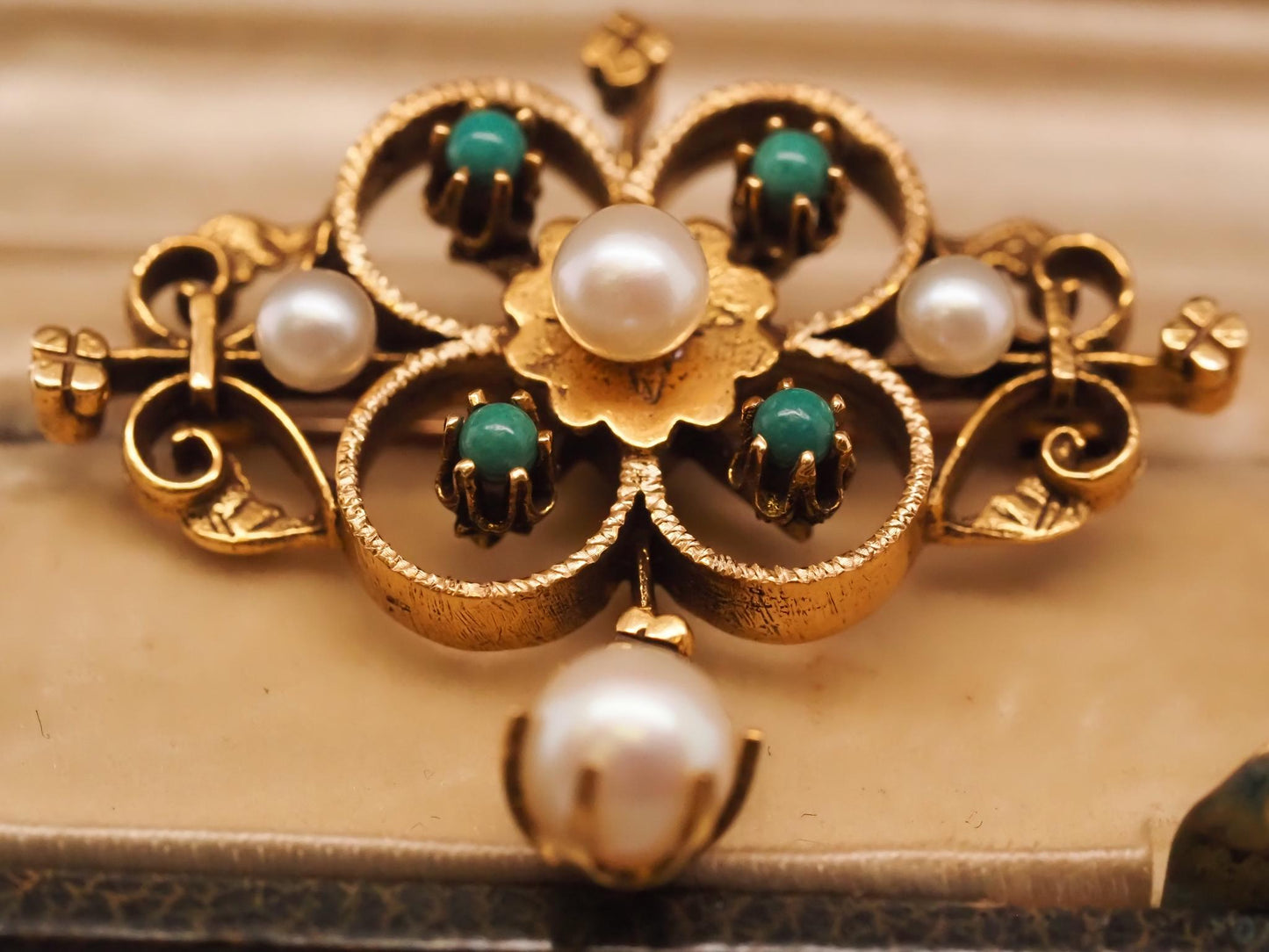 1950s 14K Yellow Gold Pearl and Turquoise Brooch and Pendant - VHK#705