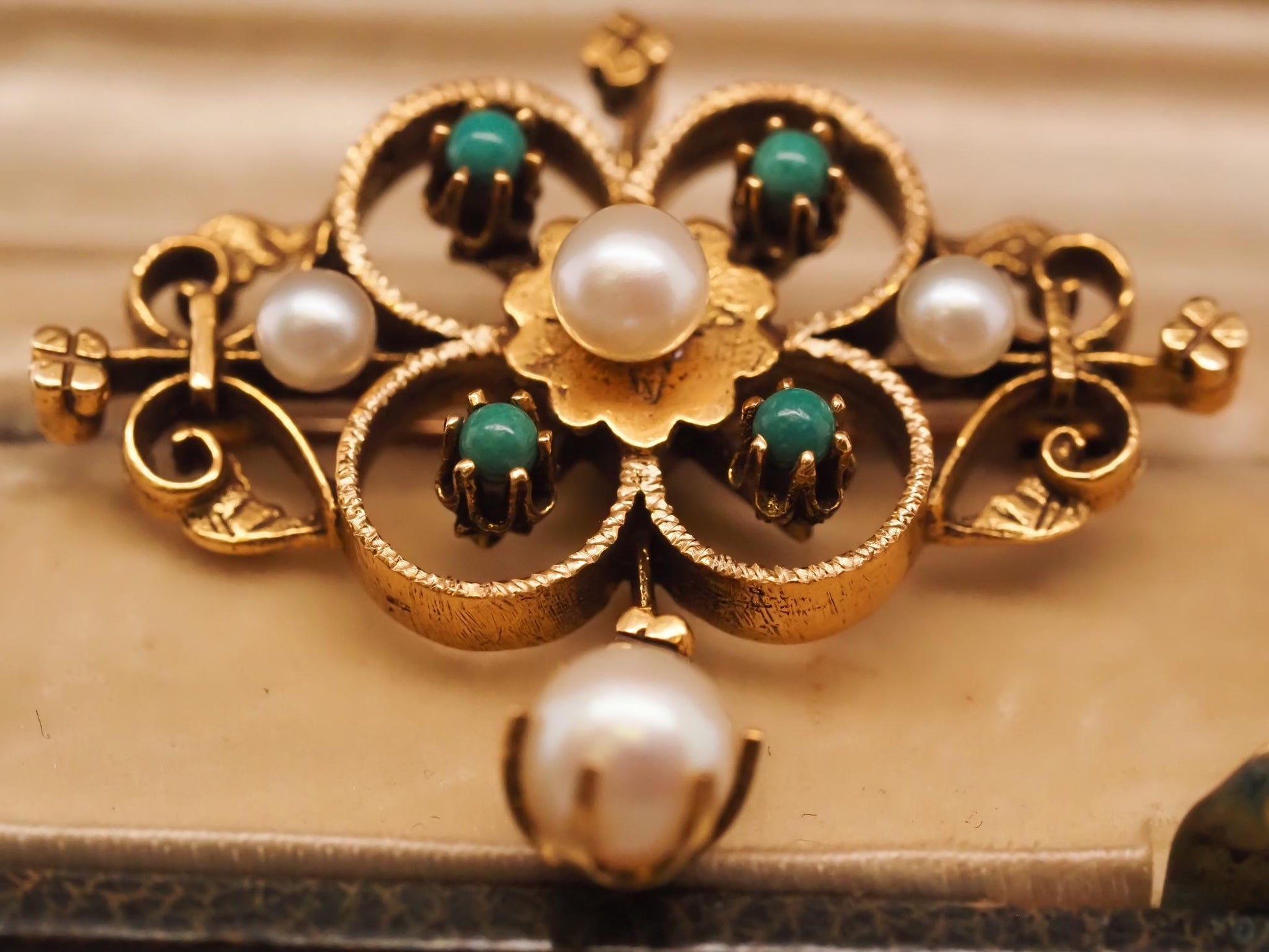 1950s 14K Yellow Gold Pearl and Turquoise Brooch and Pendant - VHK#705