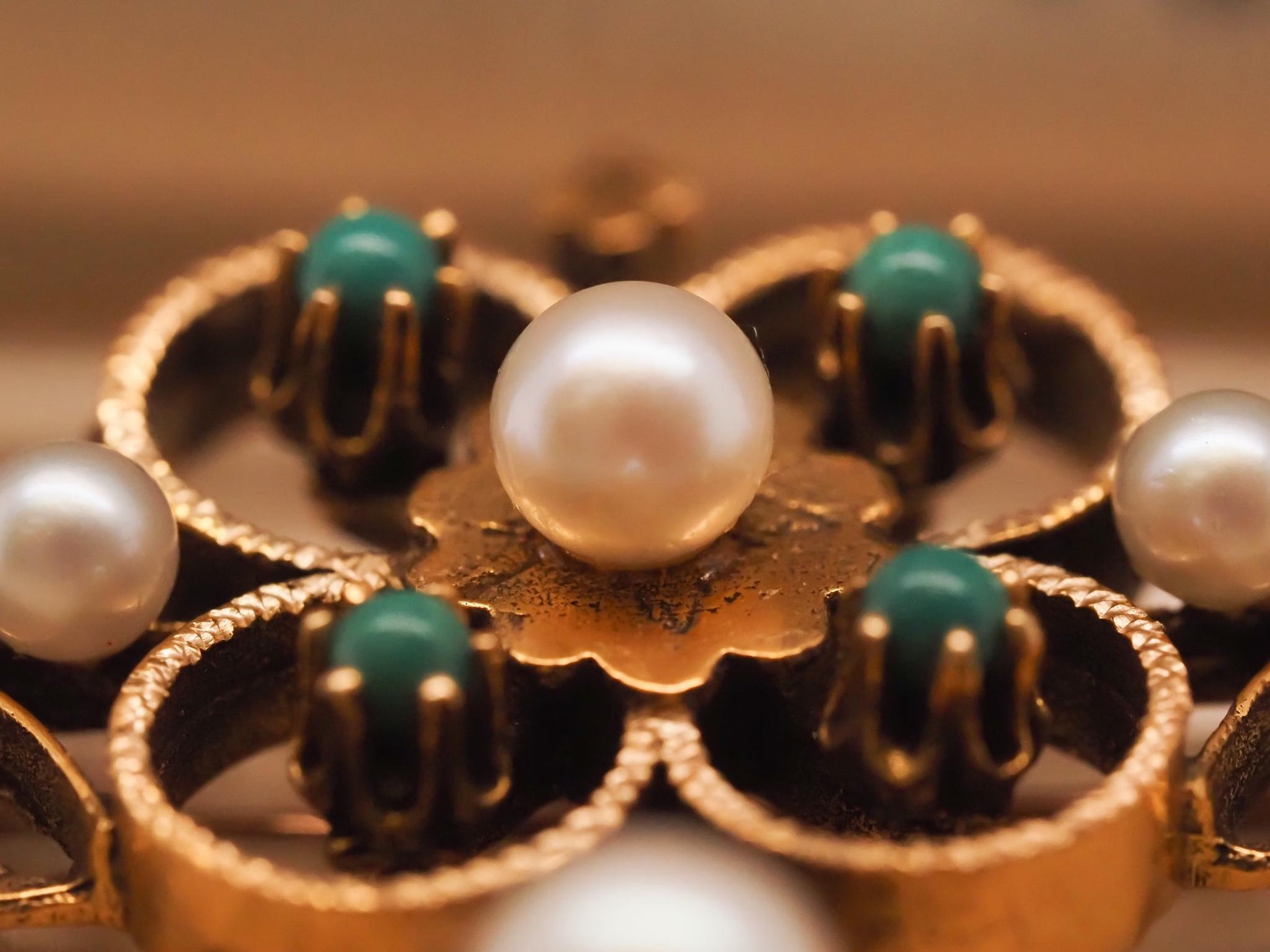 1950s 14K Yellow Gold Pearl and Turquoise Brooch and Pendant - VHK#705