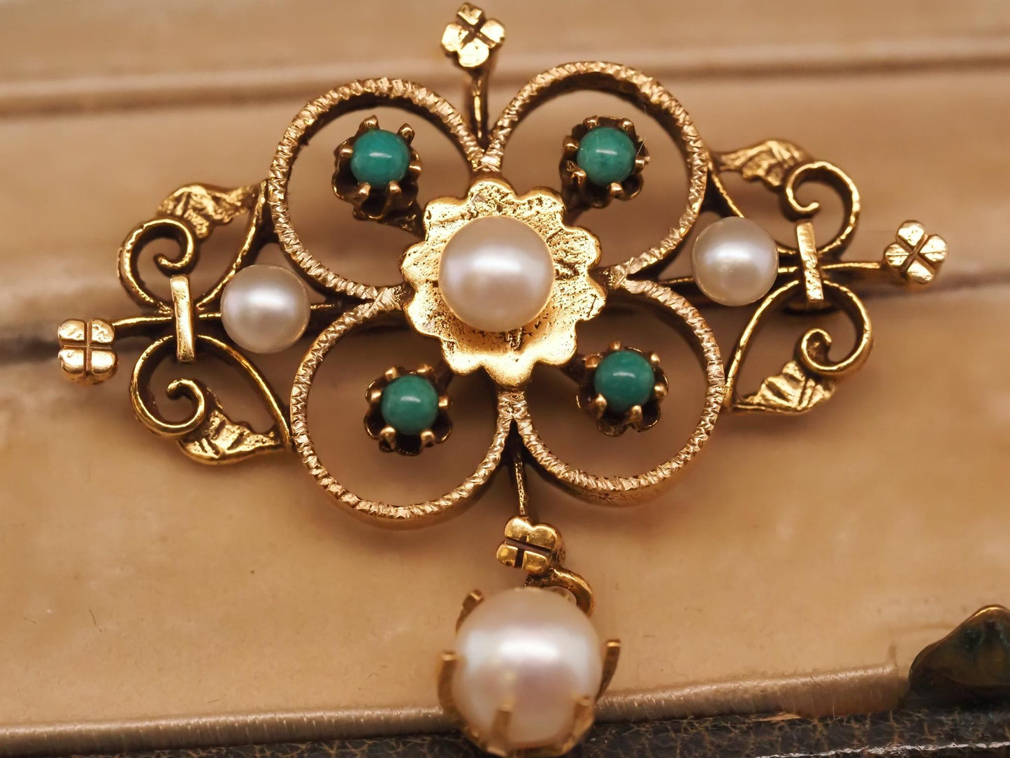 1950s 14K Yellow Gold Pearl and Turquoise Brooch and Pendant - VHK#705