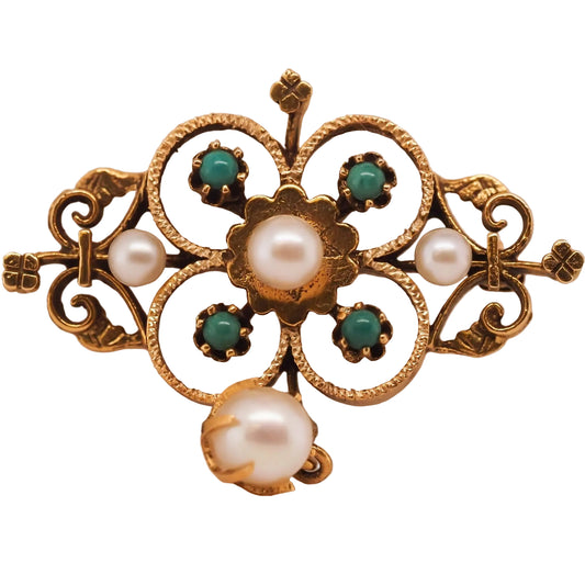 1950s 14K Yellow Gold Pearl and Turquoise Brooch and Pendant - VHK#705