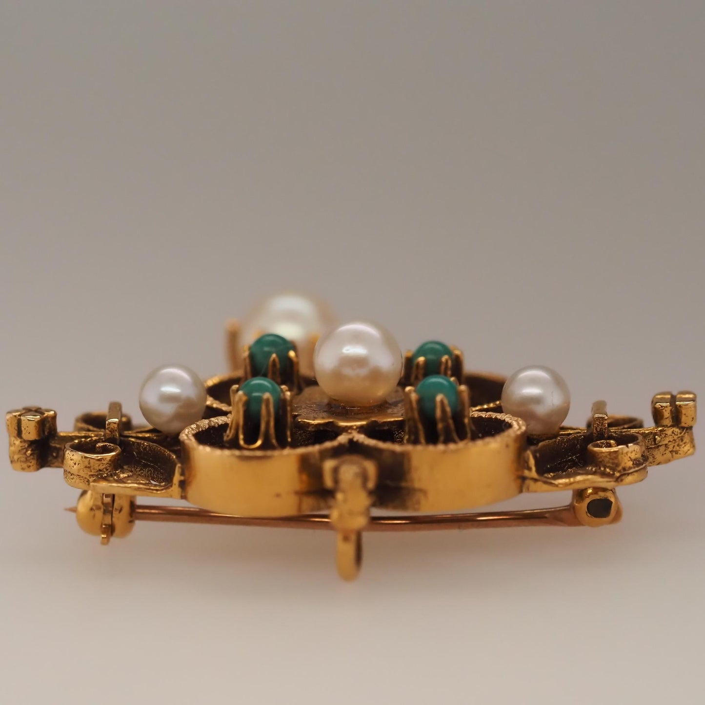 1950s 14K Yellow Gold Pearl and Turquoise Brooch and Pendant - VHK#705