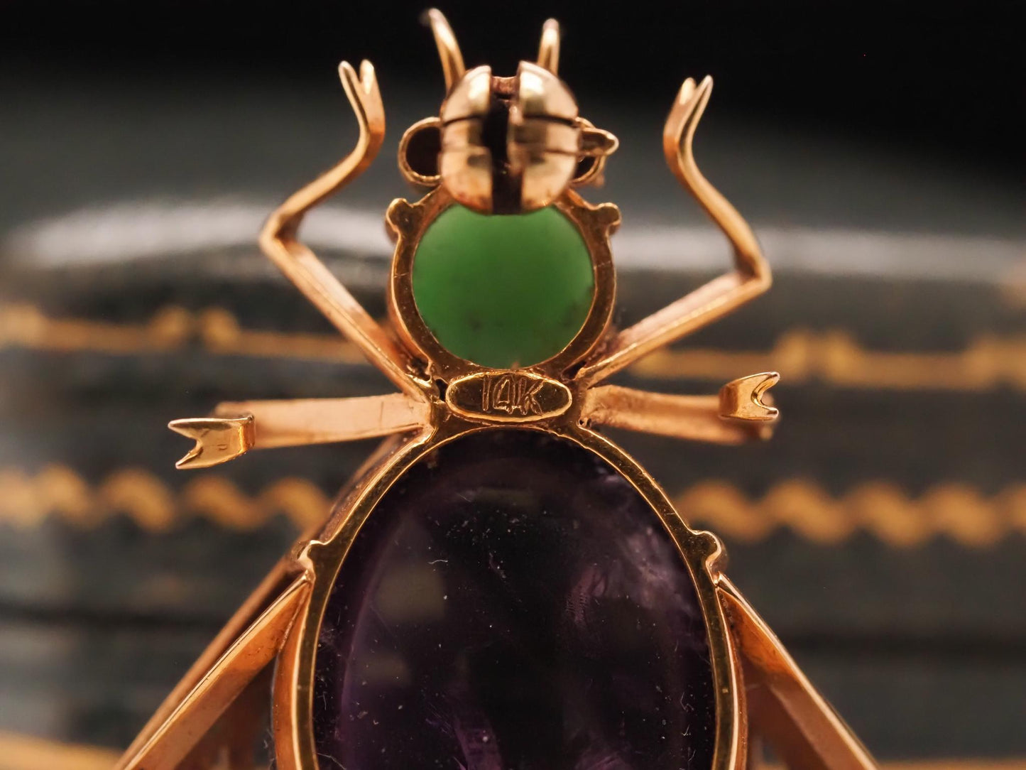 14K Yellow Gold Amethyst, Ruby and Turquoise Fly Brooch Pin - VHK#688
