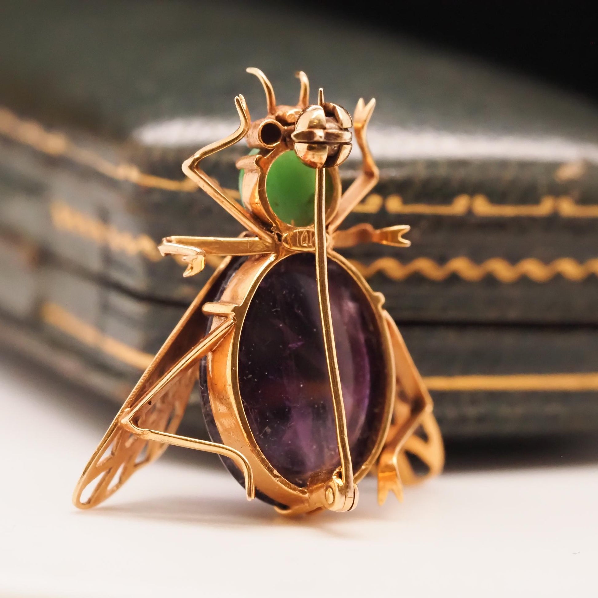 14K Yellow Gold Amethyst, Ruby and Turquoise Fly Brooch Pin - VHK#688
