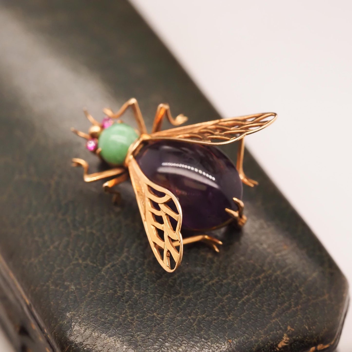 14K Yellow Gold Amethyst, Ruby and Turquoise Fly Brooch Pin - VHK#688