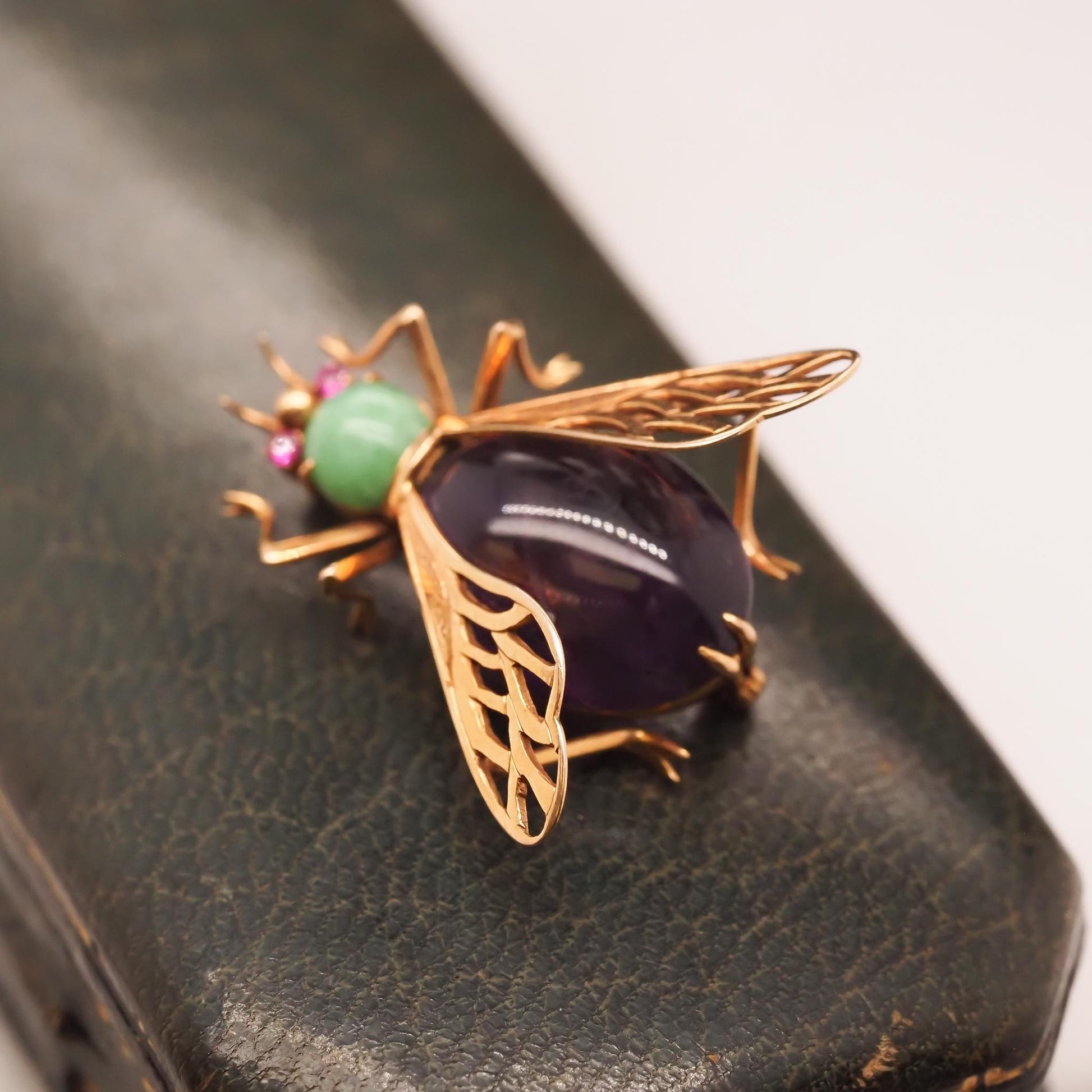 14K Yellow Gold Amethyst, Ruby and Turquoise Fly Brooch Pin - VHK#688