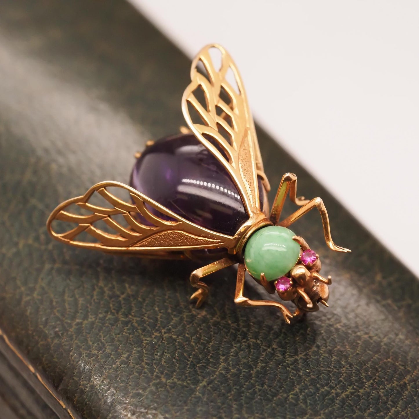 14K Yellow Gold Amethyst, Ruby and Turquoise Fly Brooch Pin - VHK#688