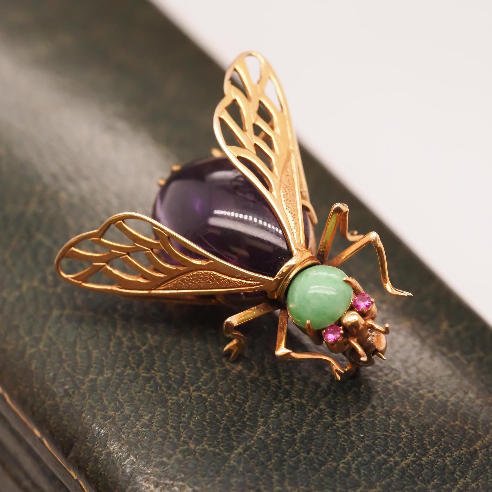 14K Yellow Gold Amethyst, Ruby and Turquoise Fly Brooch Pin - VHK#688