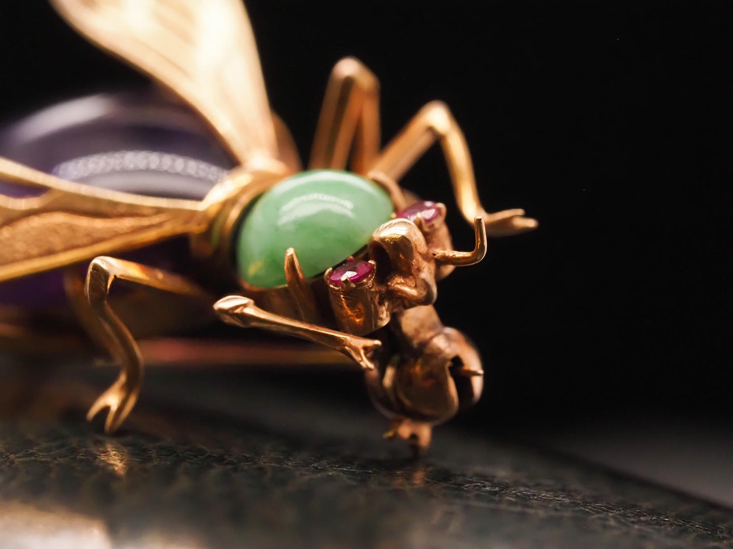 14K Yellow Gold Amethyst, Ruby and Turquoise Fly Brooch Pin - VHK#688