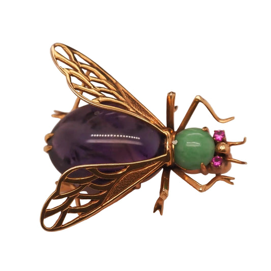 14K Yellow Gold Amethyst, Ruby and Turquoise Fly Brooch Pin - VHK#688