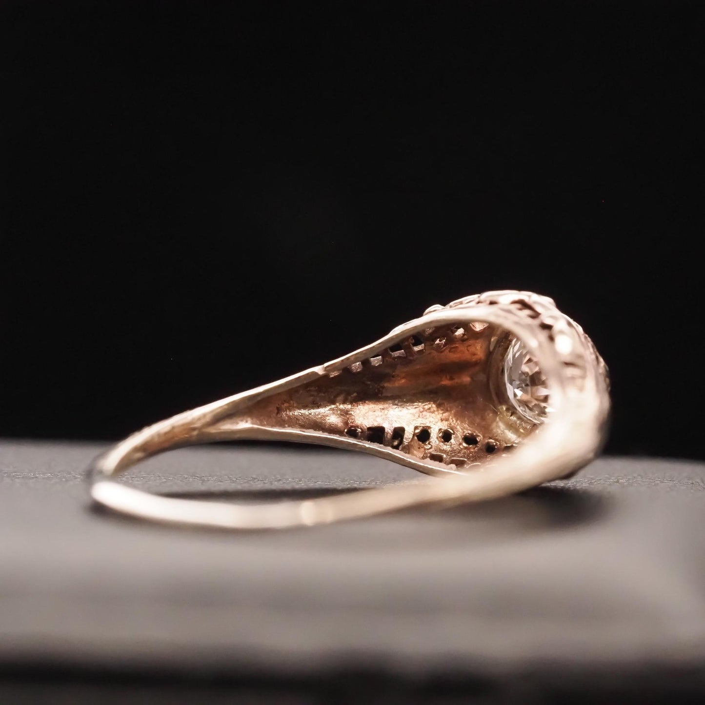 Circa 1940s 14K White Gold Filigree .40ct Old European Brilliant Engagement Ring