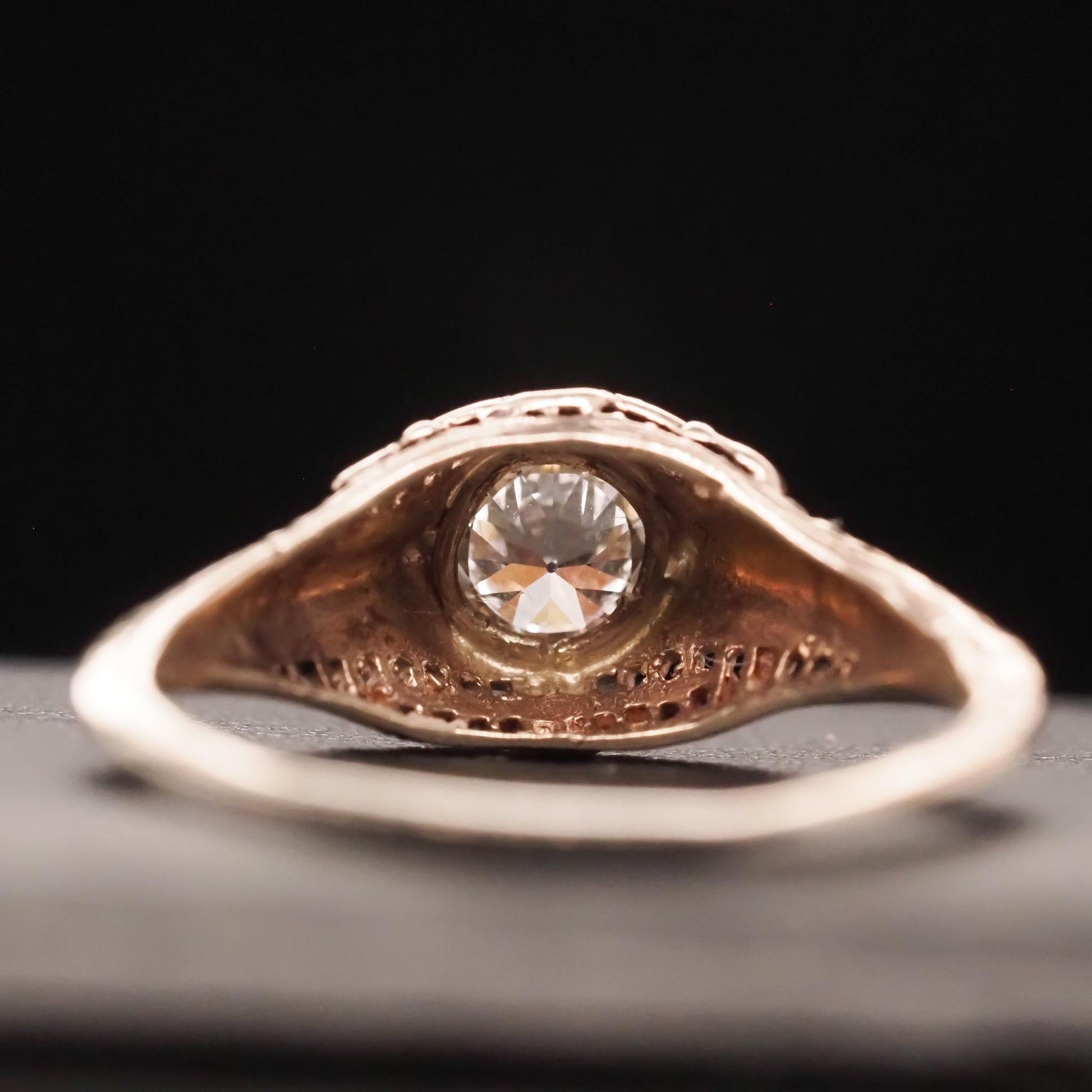 Circa 1940s 14K White Gold Filigree .40ct Old European Brilliant Engagement Ring