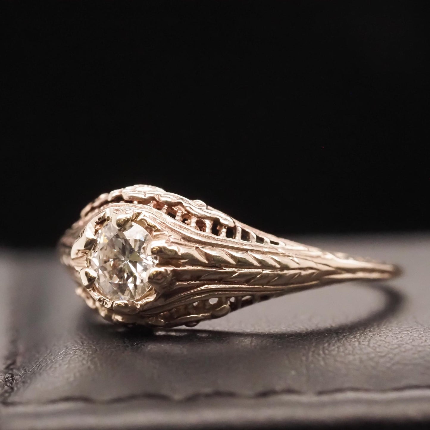 Circa 1940s 14K White Gold Filigree .40ct Old European Brilliant Engagement Ring