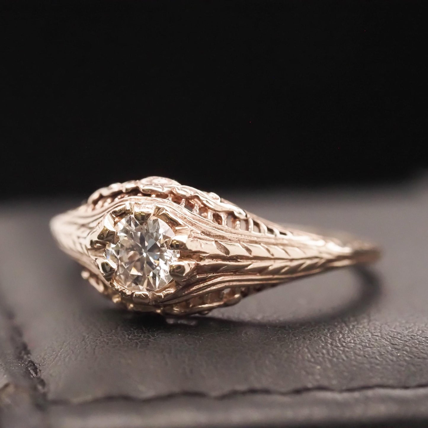Circa 1940s 14K White Gold Filigree .40ct Old European Brilliant Engagement Ring