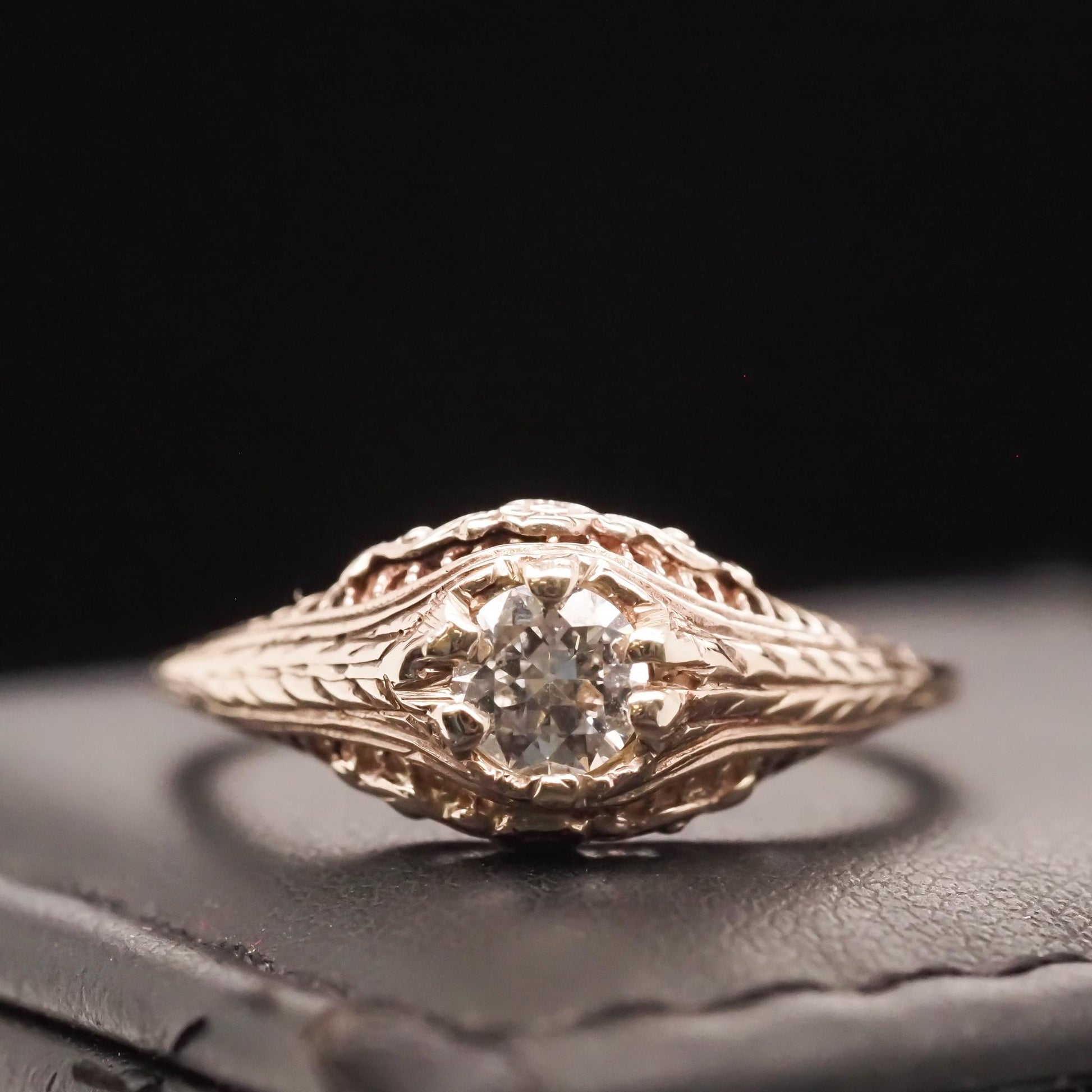 Circa 1940s 14K White Gold Filigree .40ct Old European Brilliant Engagement Ring