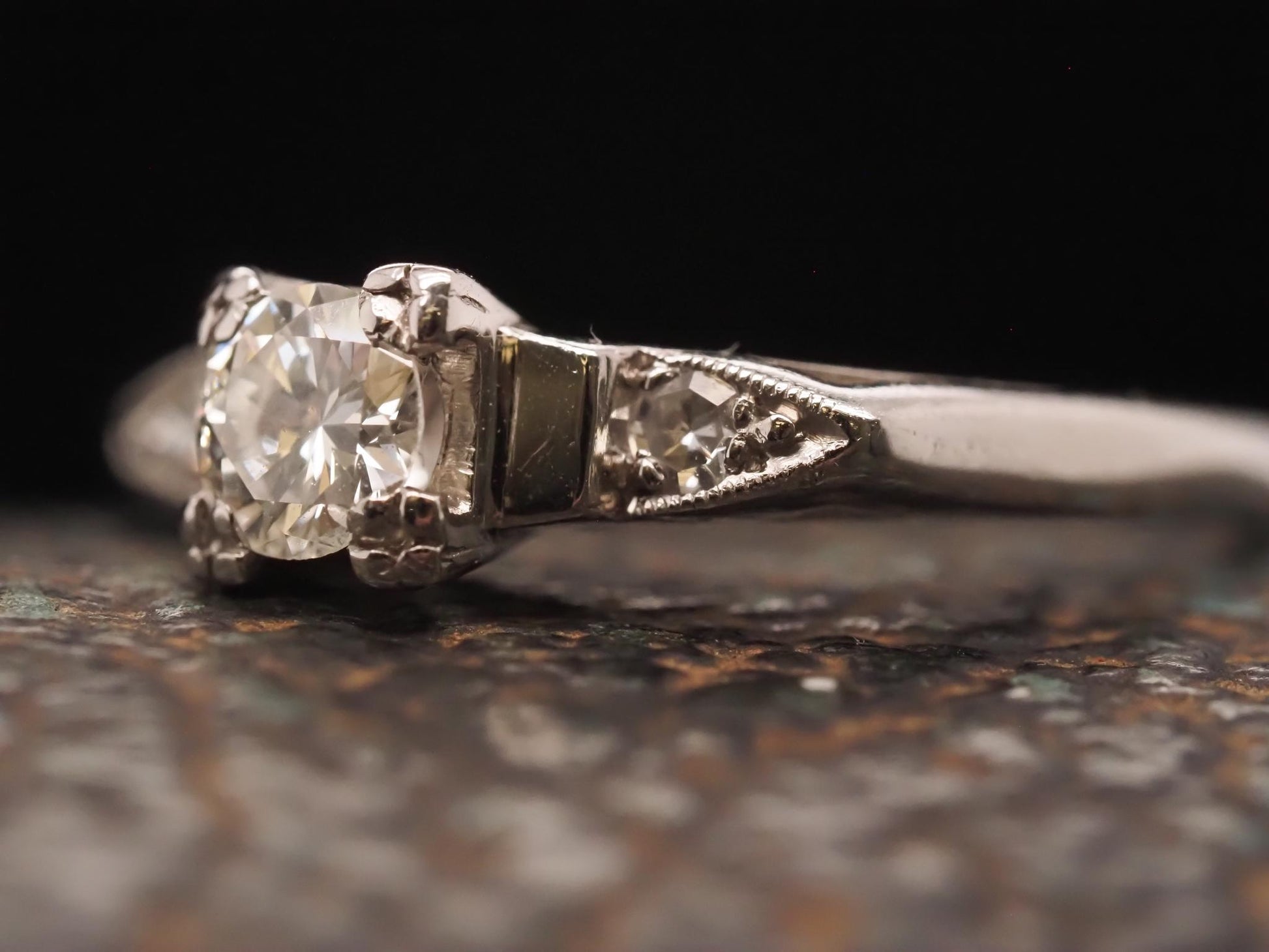 Circa 1930s 18K White Gold “Romance” Diamond Filigree Ring - VHK#697