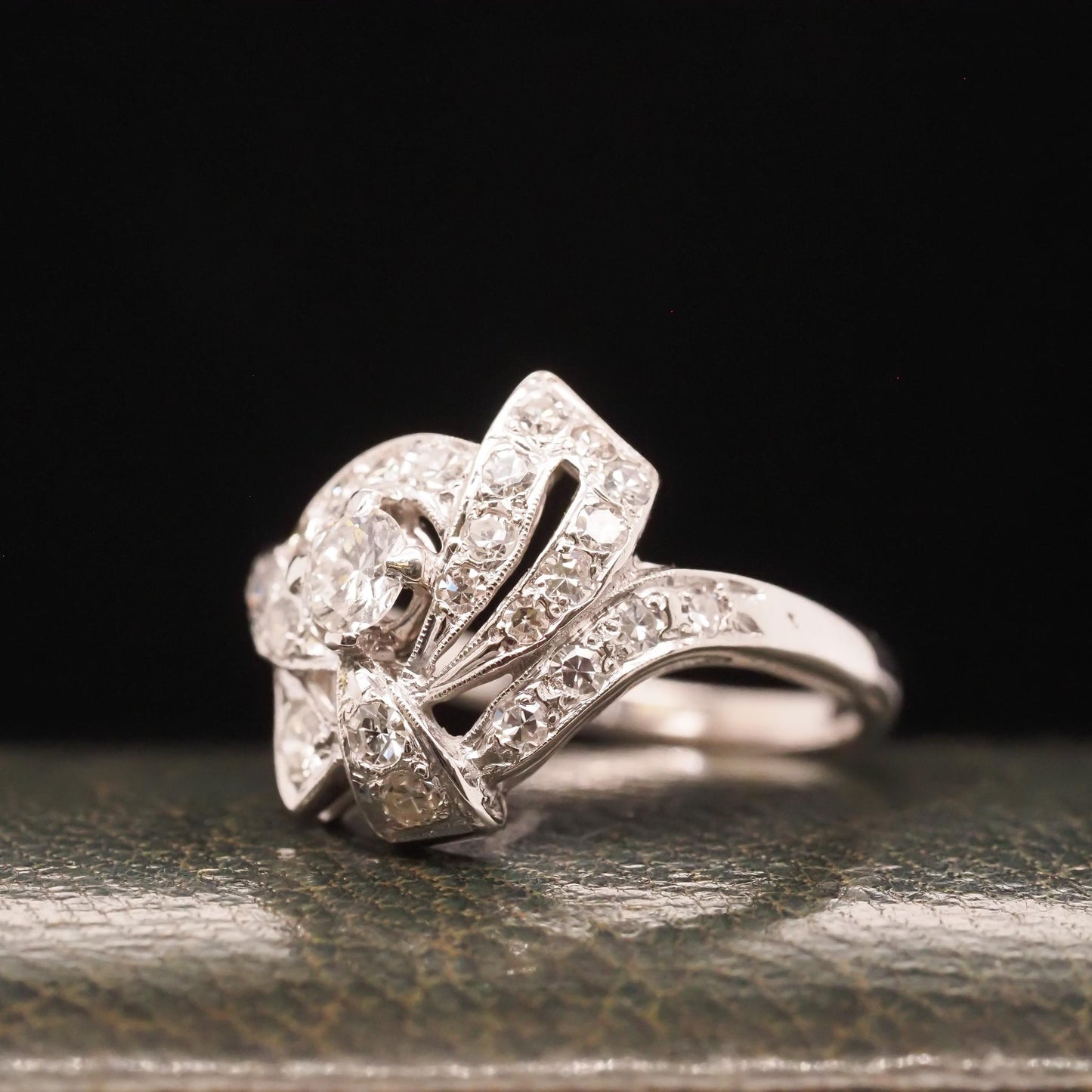 Circa 1950s 14K White Gold Diamond Swirl Cocktail Ring - VHK#695