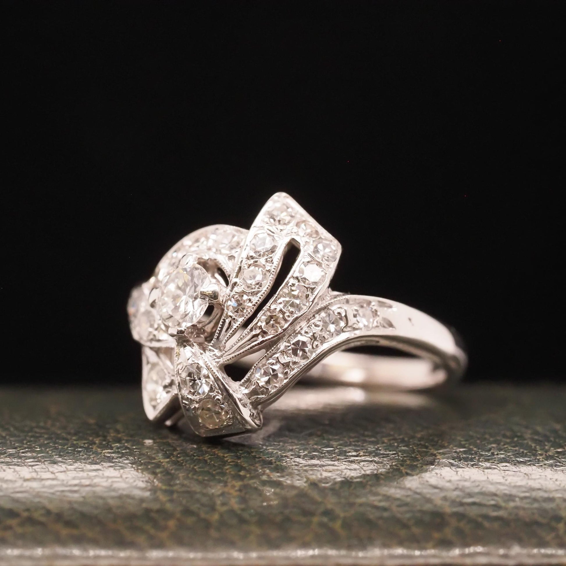 Circa 1950s 14K White Gold Diamond Swirl Cocktail Ring - VHK#695