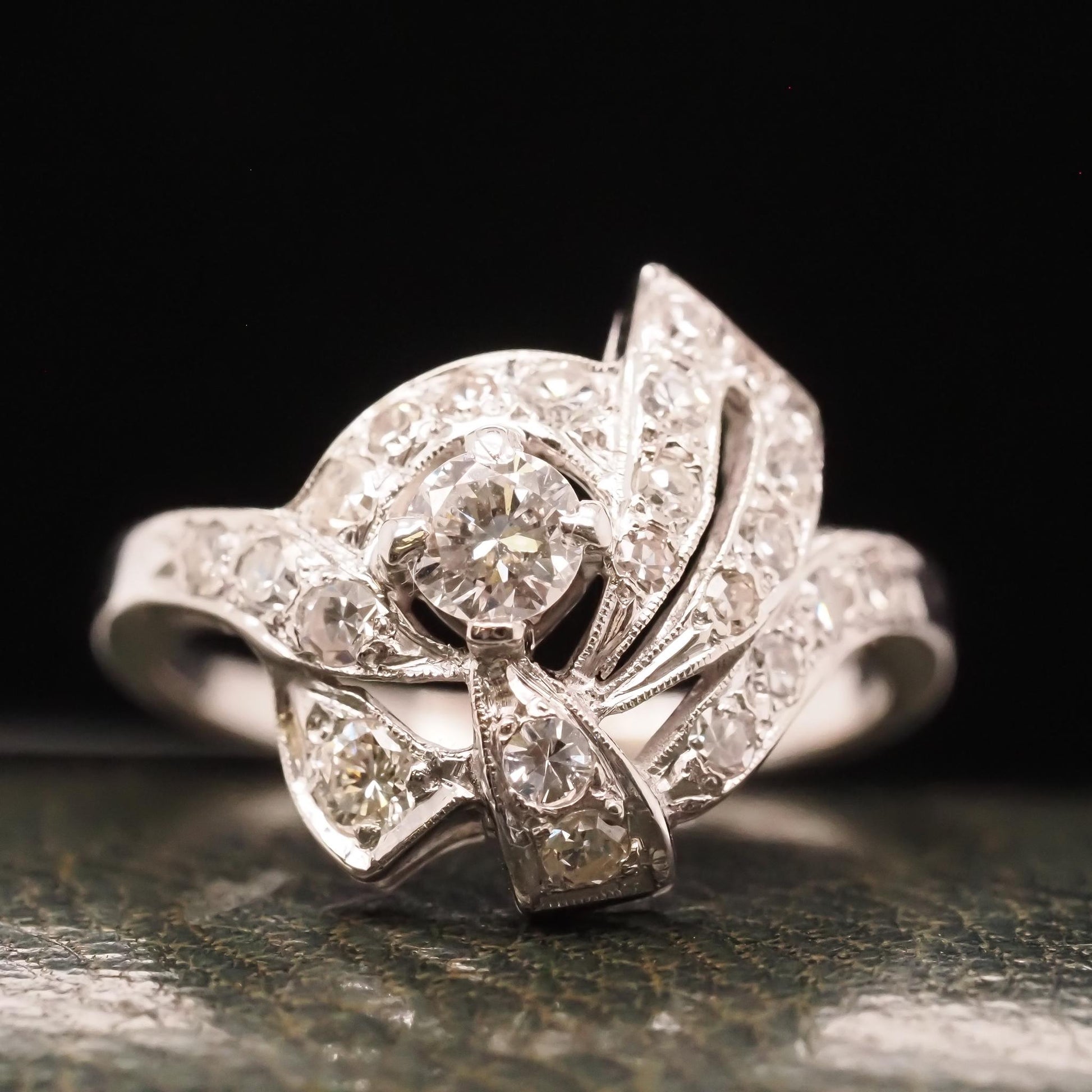 Circa 1950s 14K White Gold Diamond Swirl Cocktail Ring - VHK#695