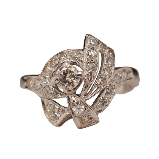 Circa 1950s 14K White Gold Diamond Swirl Cocktail Ring - VHK#695