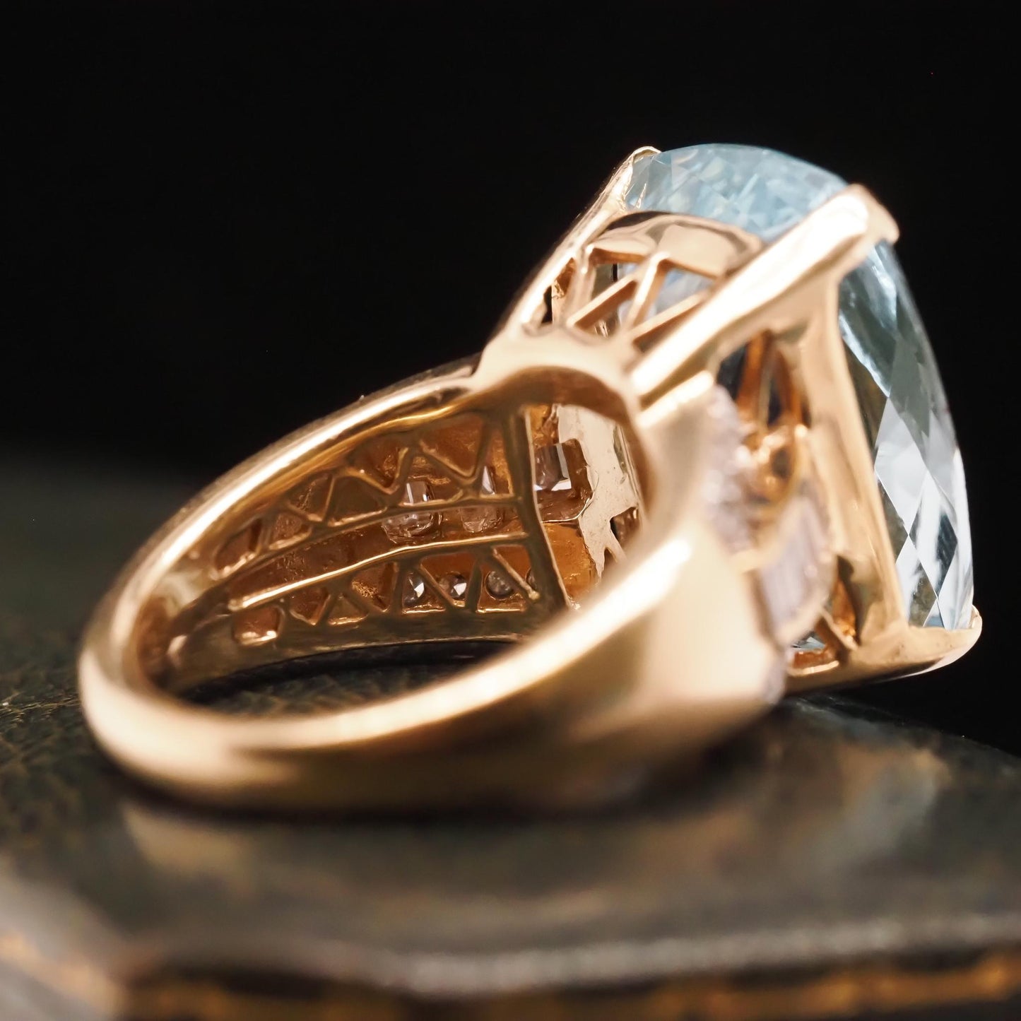 14K Yellow Gold 15ct Checkerboard Aquamarine and Diamond Baguette Diamond Ring -