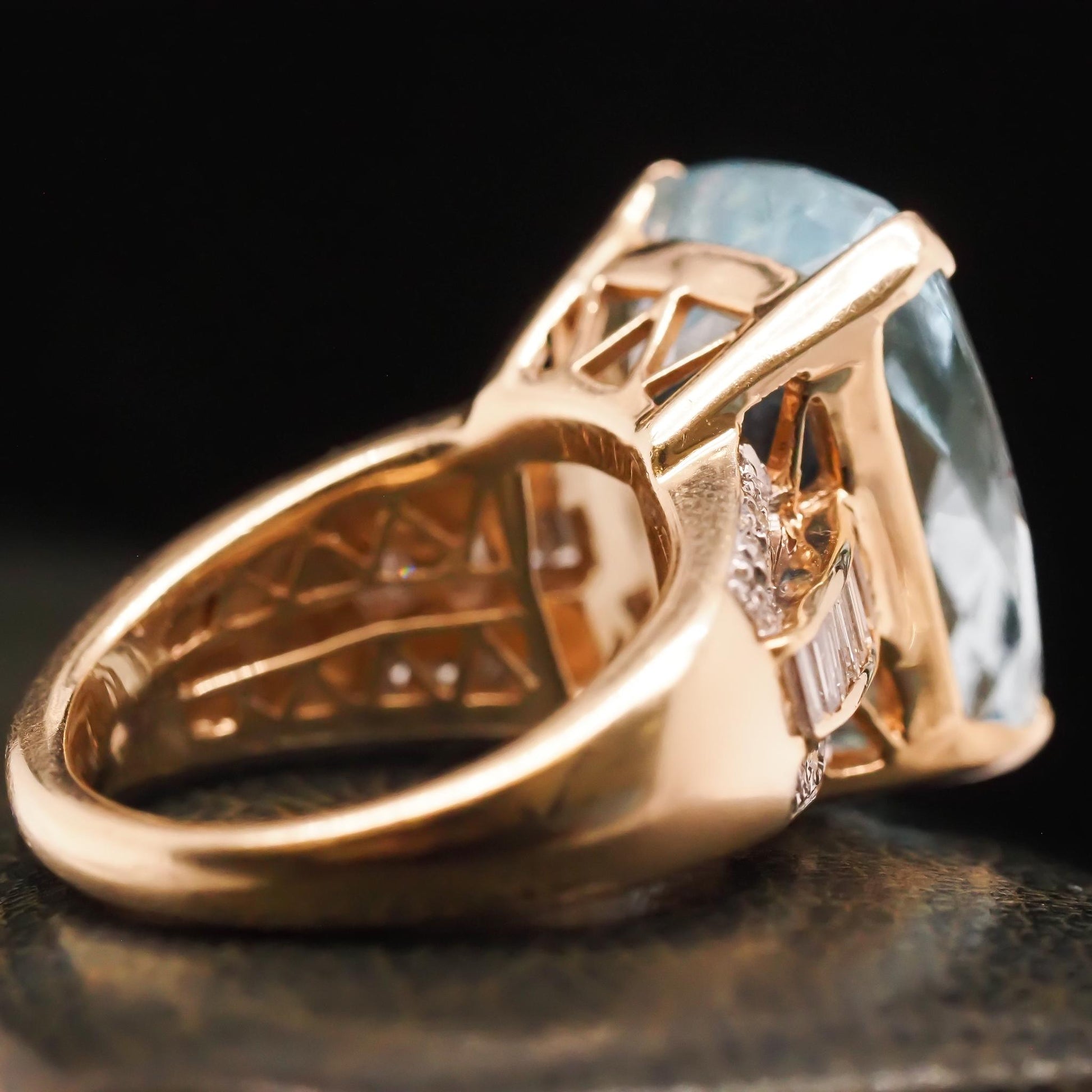14K Yellow Gold 15ct Checkerboard Aquamarine and Diamond Baguette Diamond Ring -