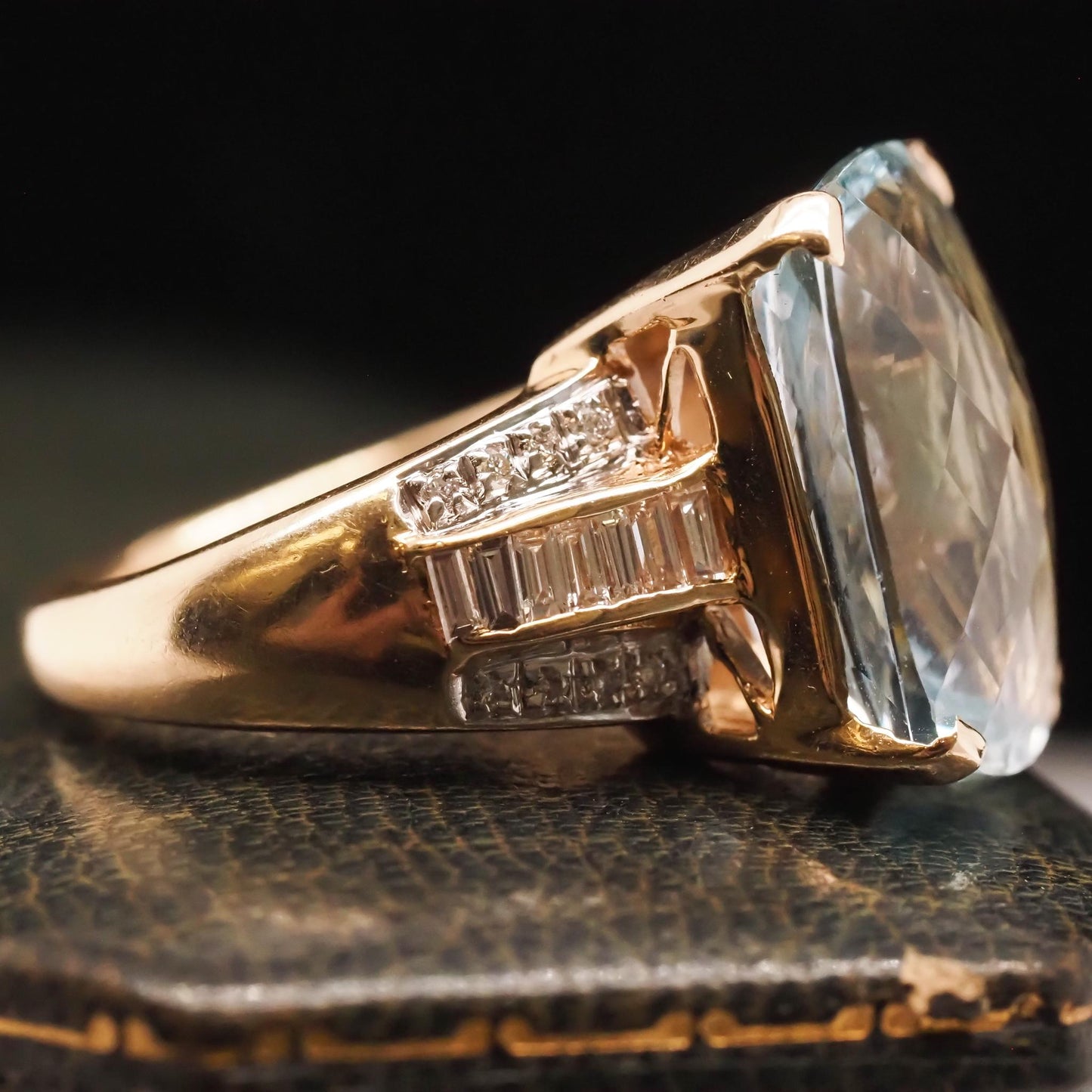 14K Yellow Gold 15ct Checkerboard Aquamarine and Diamond Baguette Diamond Ring -