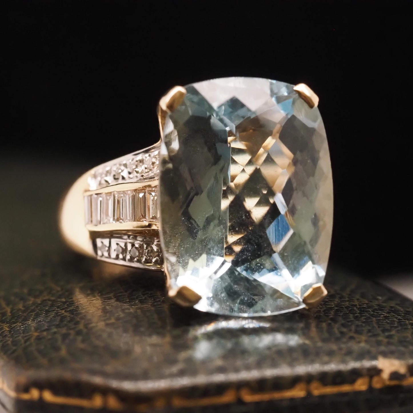 14K Yellow Gold 15ct Checkerboard Aquamarine and Diamond Baguette Diamond Ring -