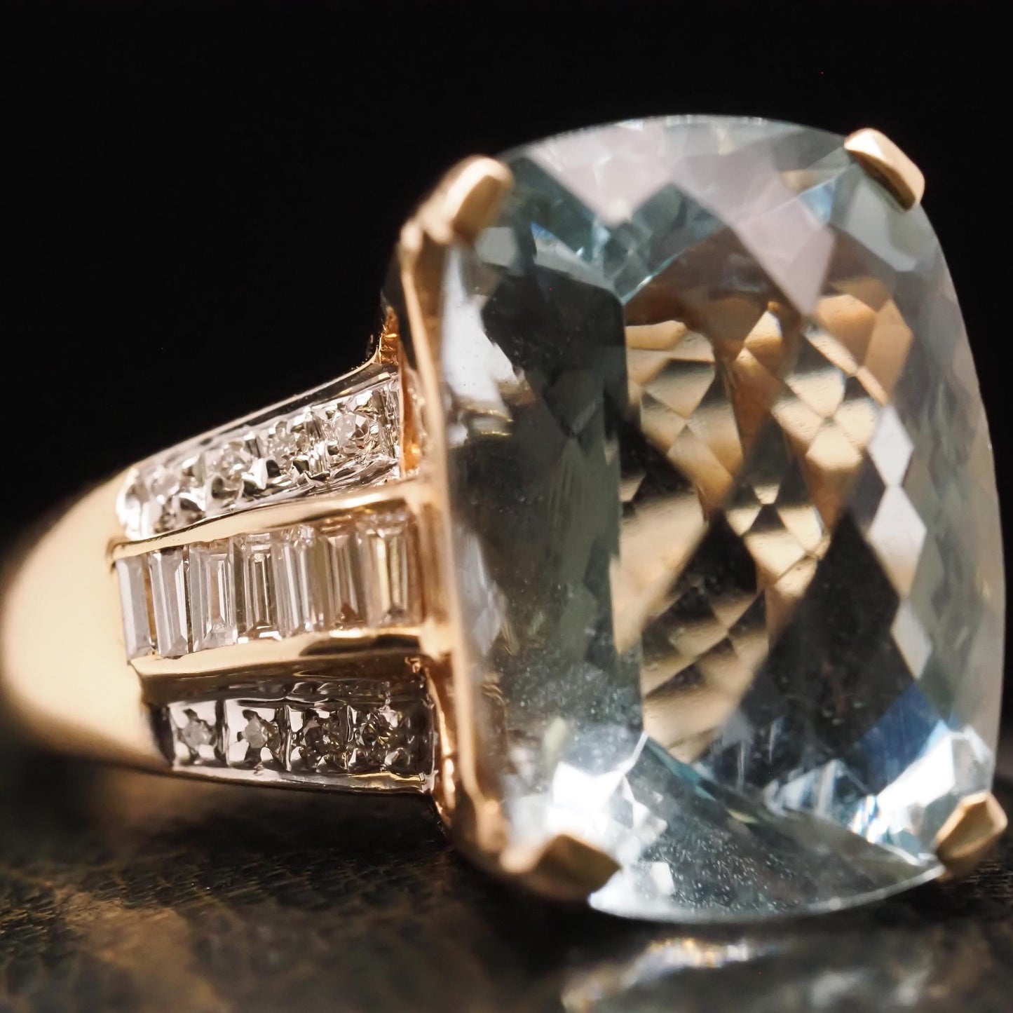 14K Yellow Gold 15ct Checkerboard Aquamarine and Diamond Baguette Diamond Ring -