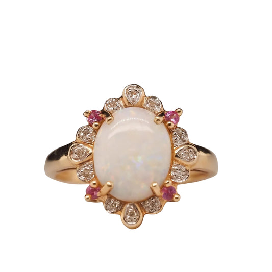14K Yellow Gold Ruby, Opal and Diamond Ring - VHK#716