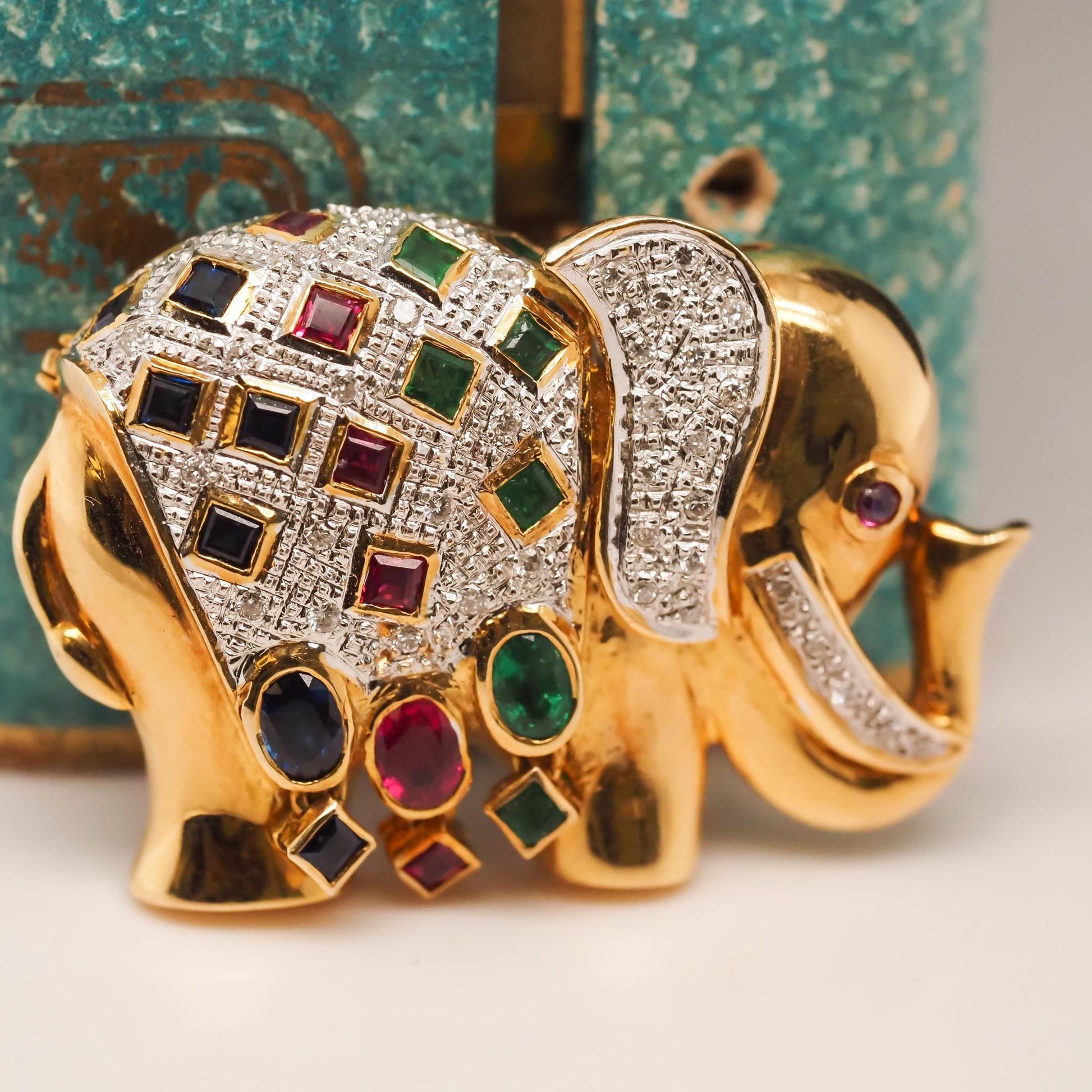 18K Yellow Gold Ruby Sapphire Emerald and Diamond Elephant Brooch and Pendant