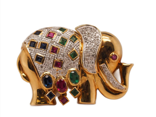 18K Yellow Gold Ruby Sapphire Emerald and Diamond Elephant Brooch and Pendant