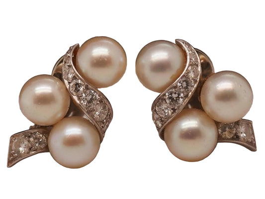 14K White Pearl and Diamond Swirl Earrings - VHK#719