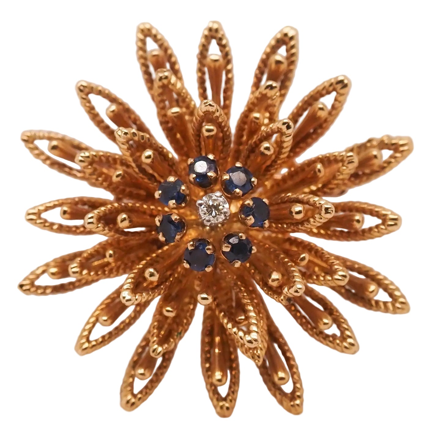 18K Yellow Gold Flower Brooch with Sapphires and Diamond - VHK#718