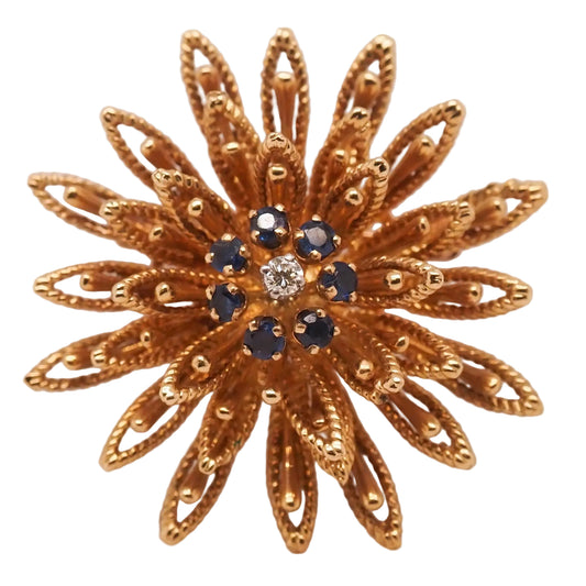 18K Yellow Gold Flower Brooch with Sapphires and Diamond - VHK#718