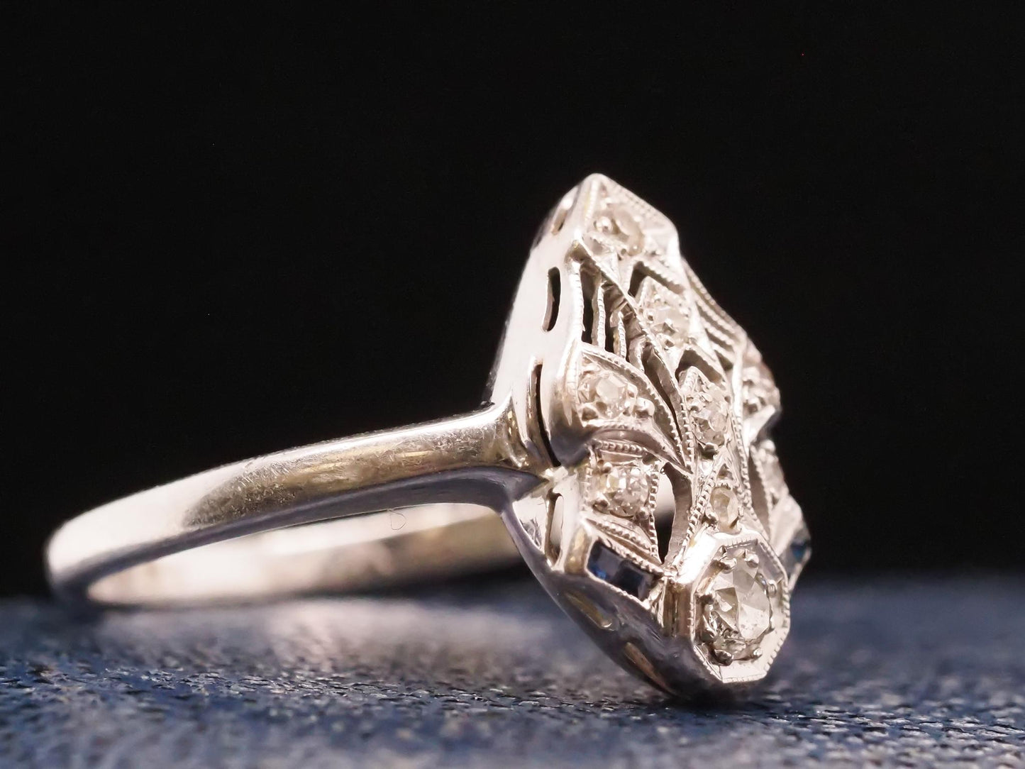 14K White Gold Art Deco Diamond and Sapphire Ring - VHK#724