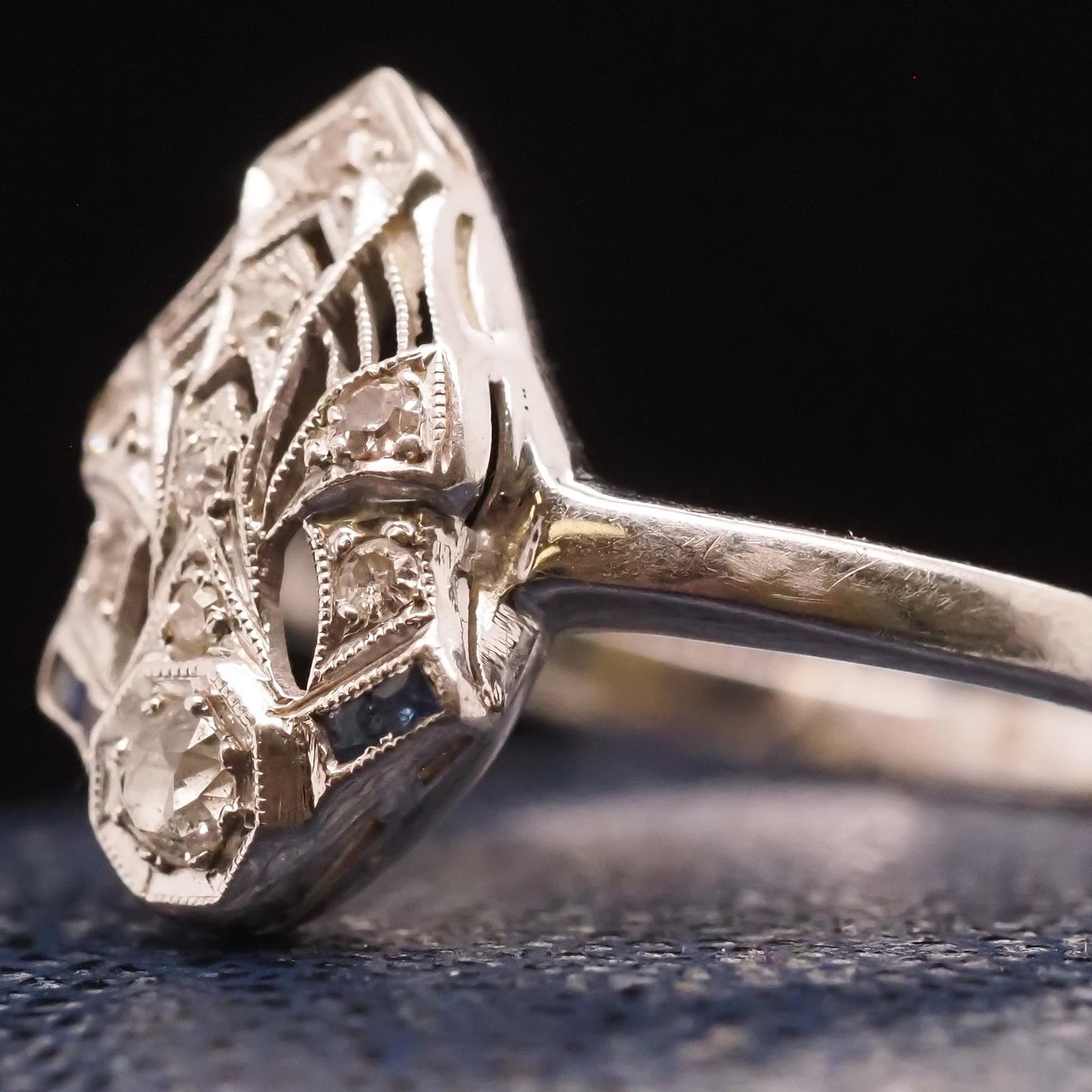 14K White Gold Art Deco Diamond and Sapphire Ring - VHK#724