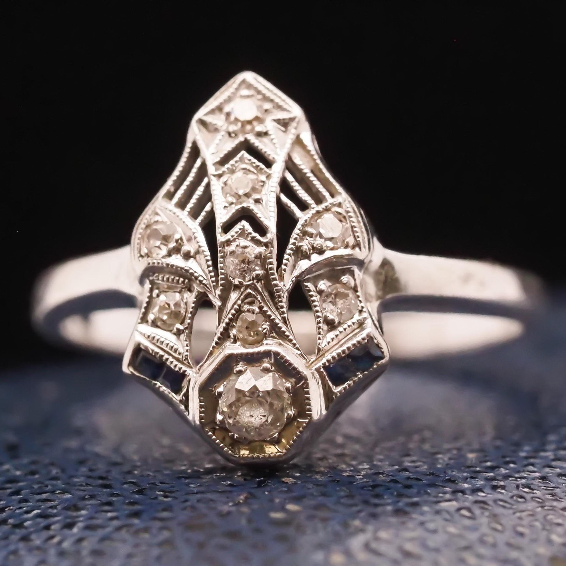 14K White Gold Art Deco Diamond and Sapphire Ring - VHK#724