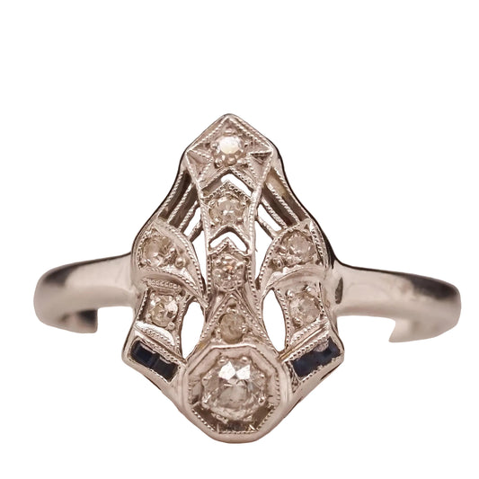 14K White Gold Art Deco Diamond and Sapphire Ring - VHK#724