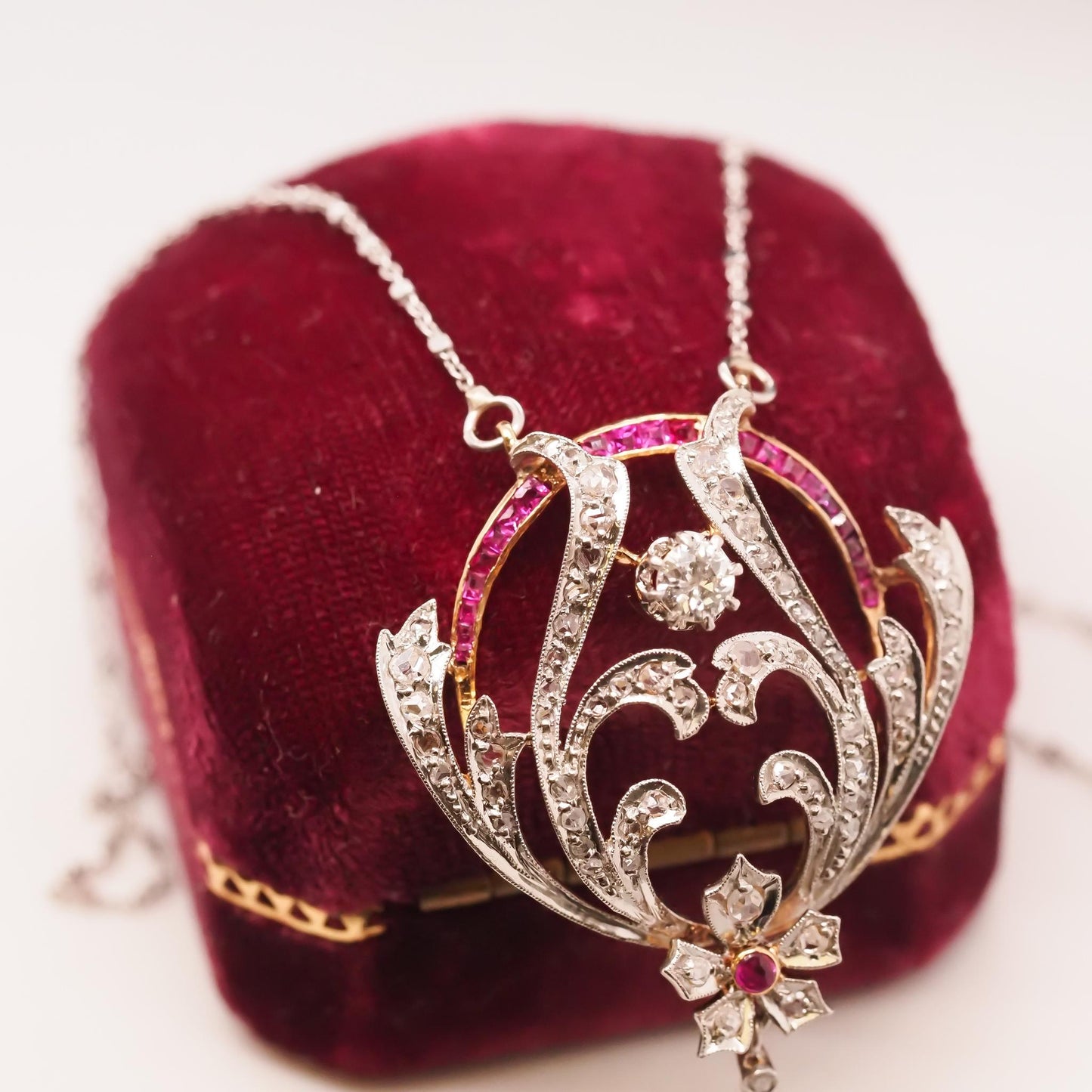 Platinum Edwardian Pearl, Ruby and Diamond Pendant and Necklace - VHK#722