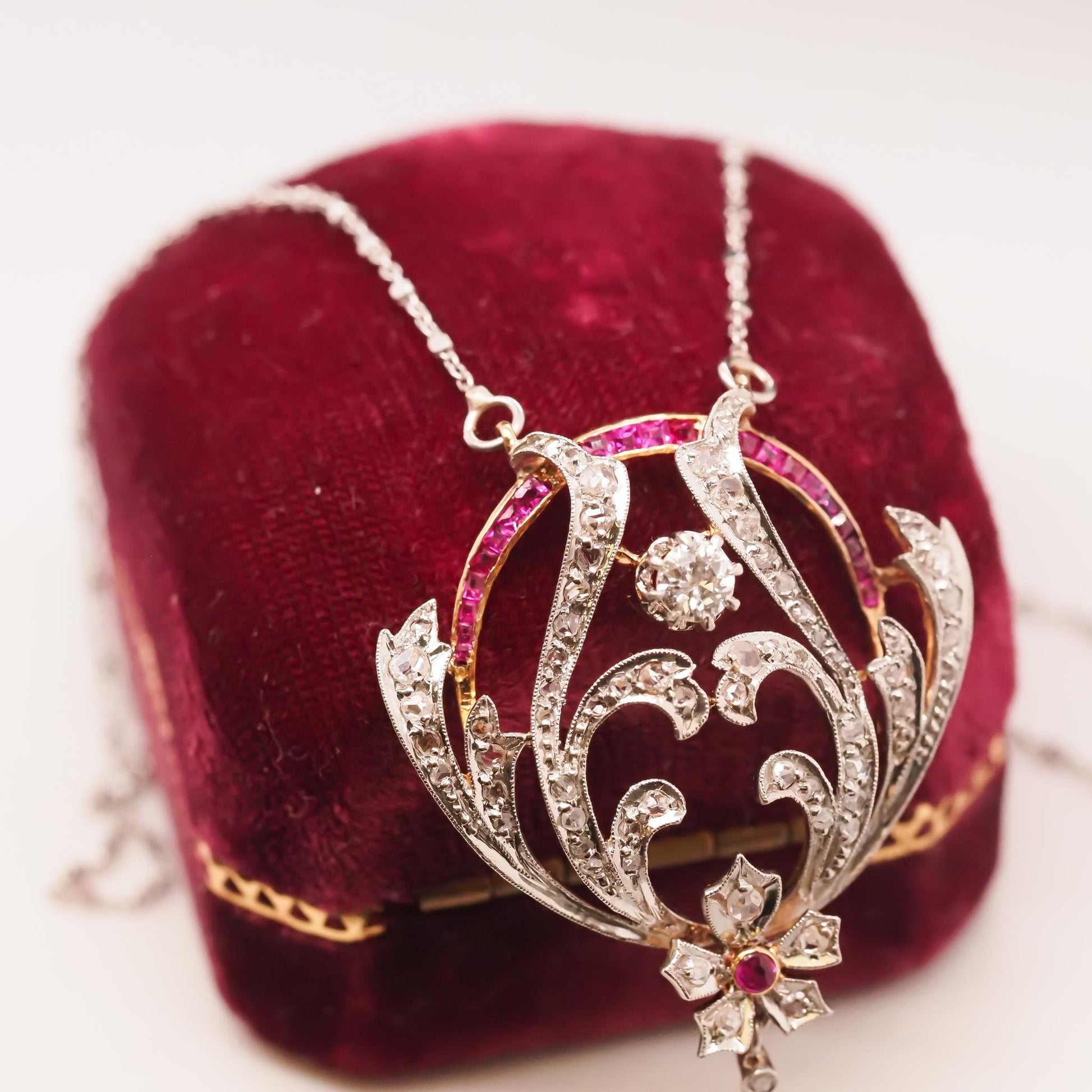 Platinum Edwardian Pearl, Ruby and Diamond Pendant and Necklace - VHK#722