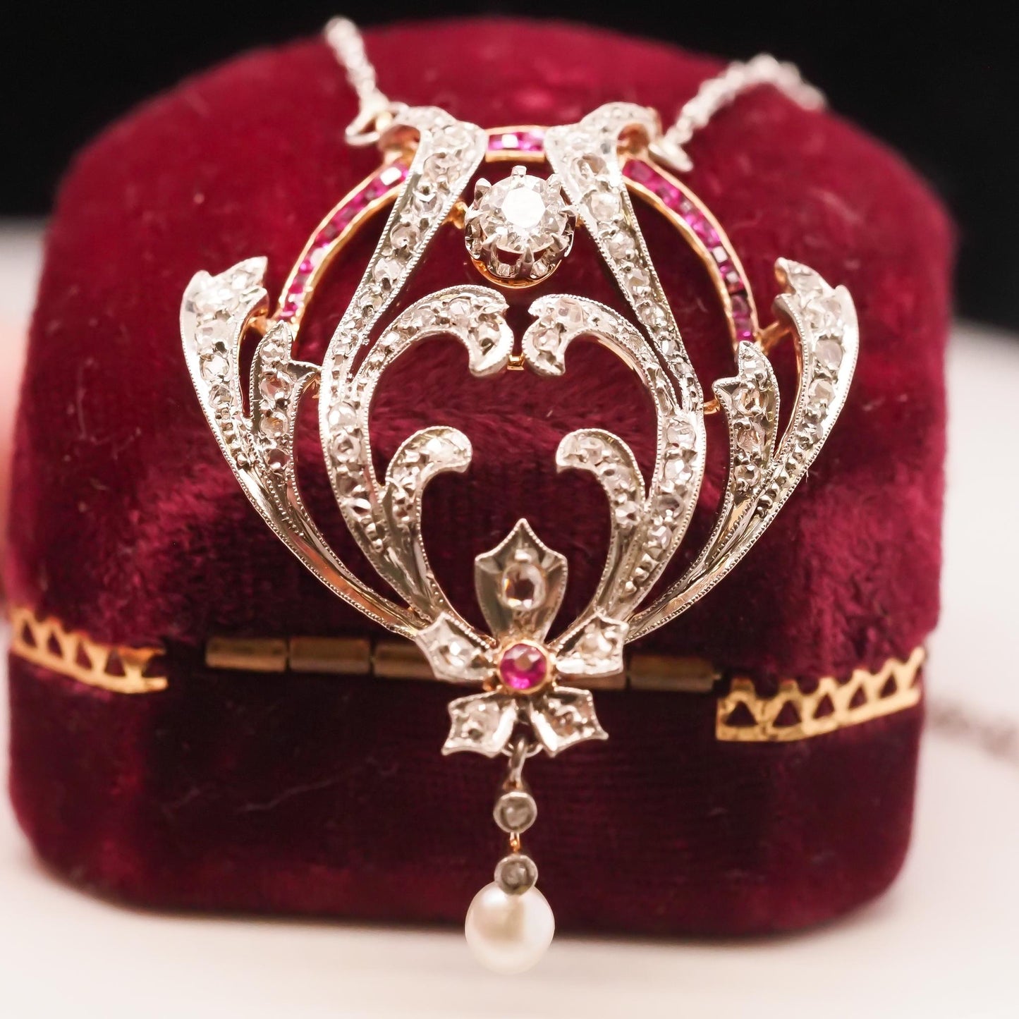 Platinum Edwardian Pearl, Ruby and Diamond Pendant and Necklace - VHK#722