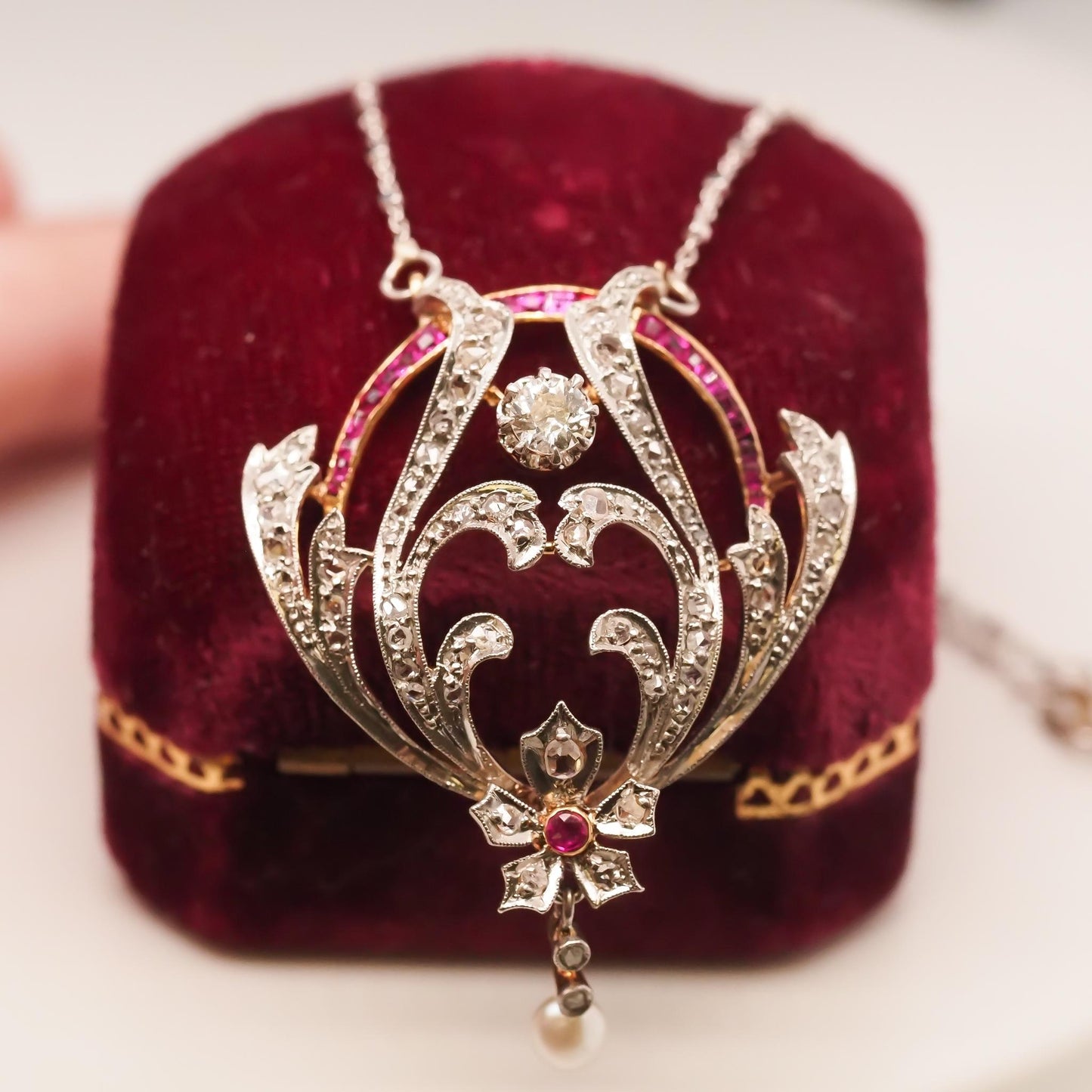 Platinum Edwardian Pearl, Ruby and Diamond Pendant and Necklace - VHK#722