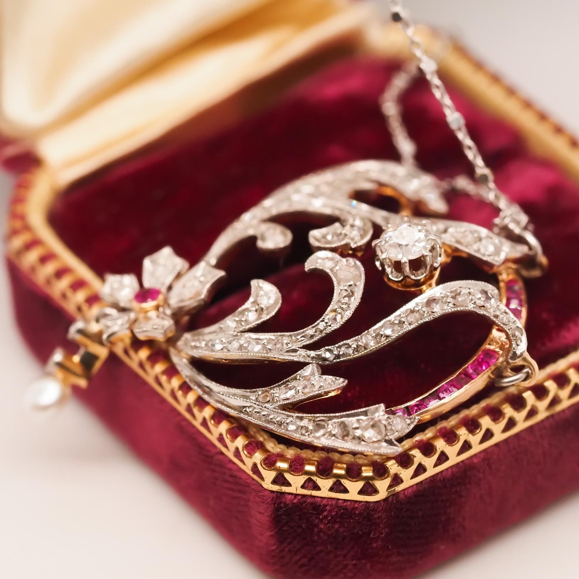 Platinum Edwardian Pearl, Ruby and Diamond Pendant and Necklace - VHK#722