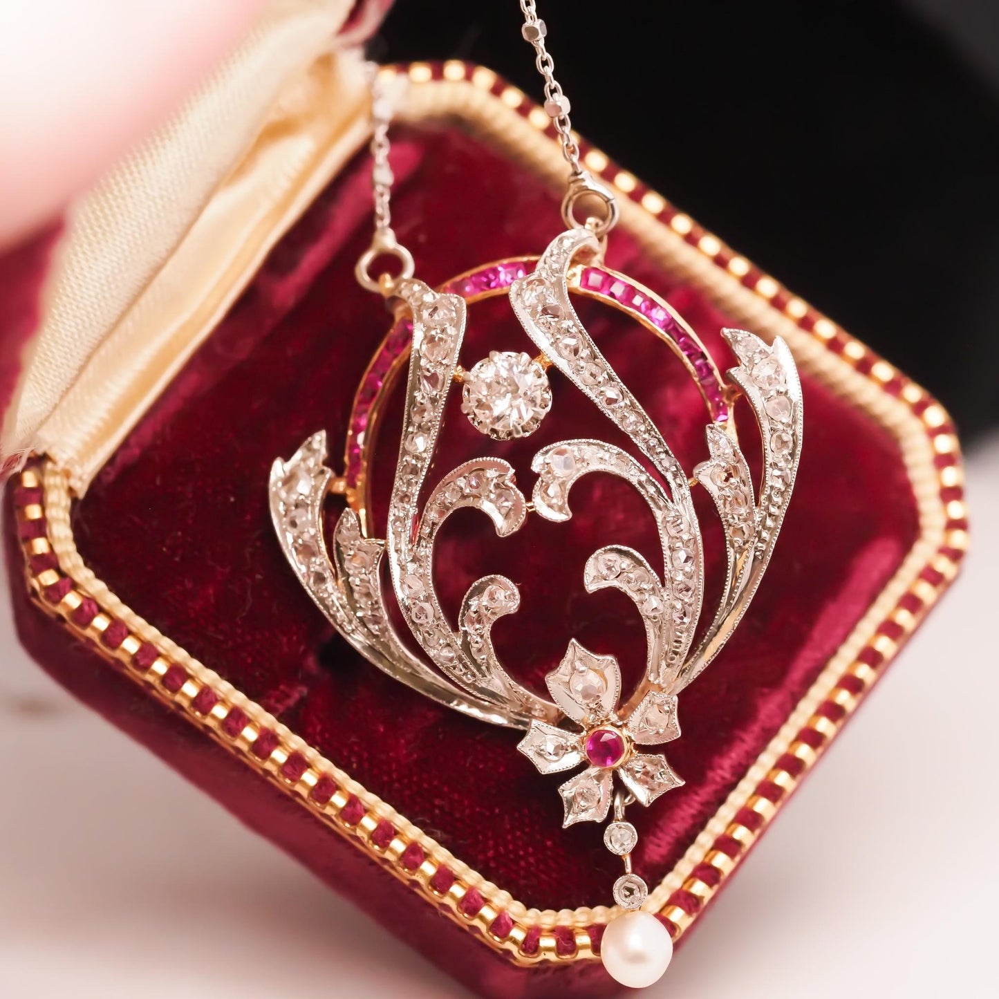Platinum Edwardian Pearl, Ruby and Diamond Pendant and Necklace - VHK#722