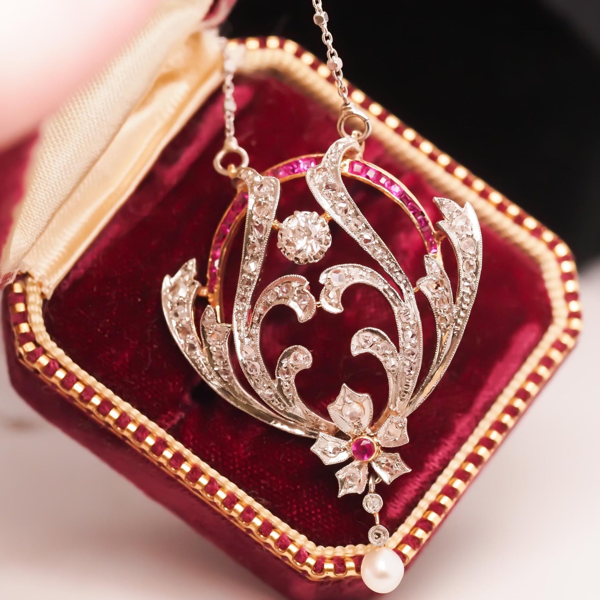 Platinum Edwardian Pearl, Ruby and Diamond Pendant and Necklace - VHK#722