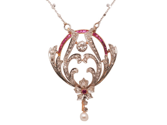 Platinum Edwardian Pearl, Ruby and Diamond Pendant and Necklace - VHK#722