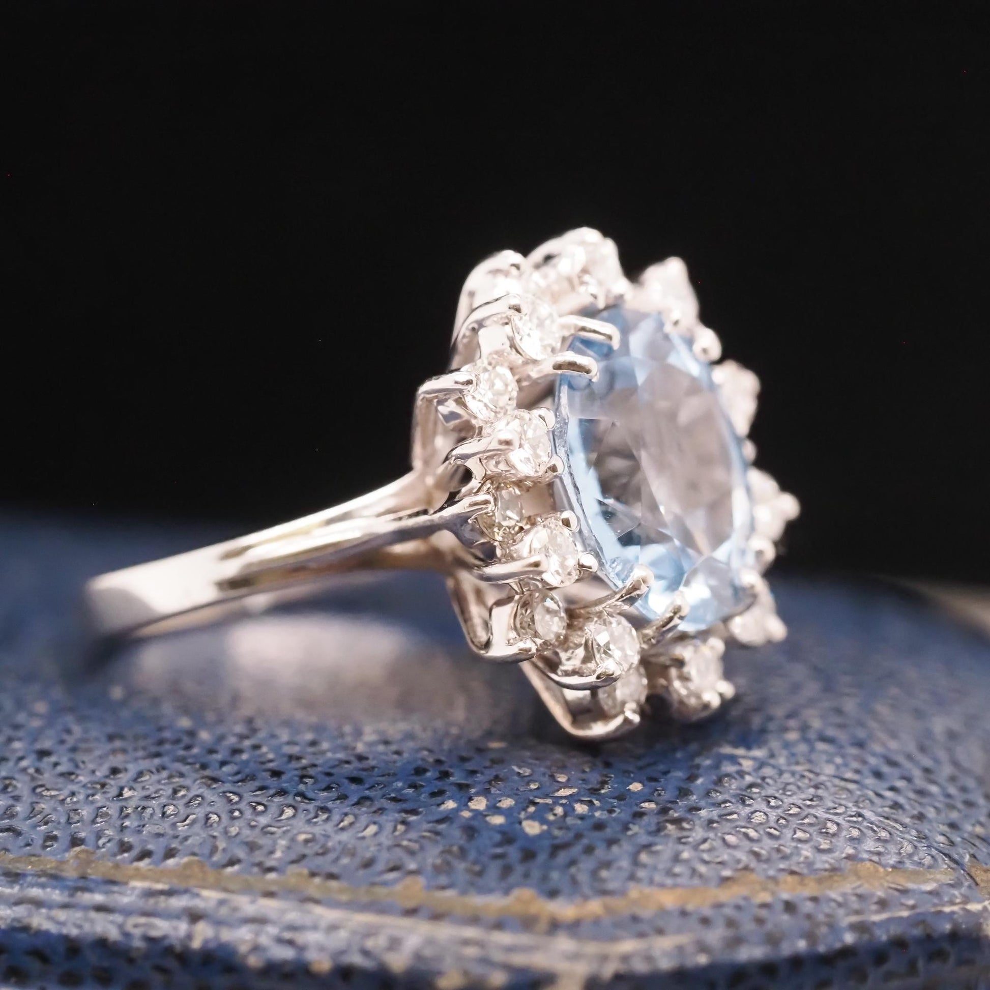 18K White Gold Blue Topaz Diamond Halo Cocktail Ring - VHK#728