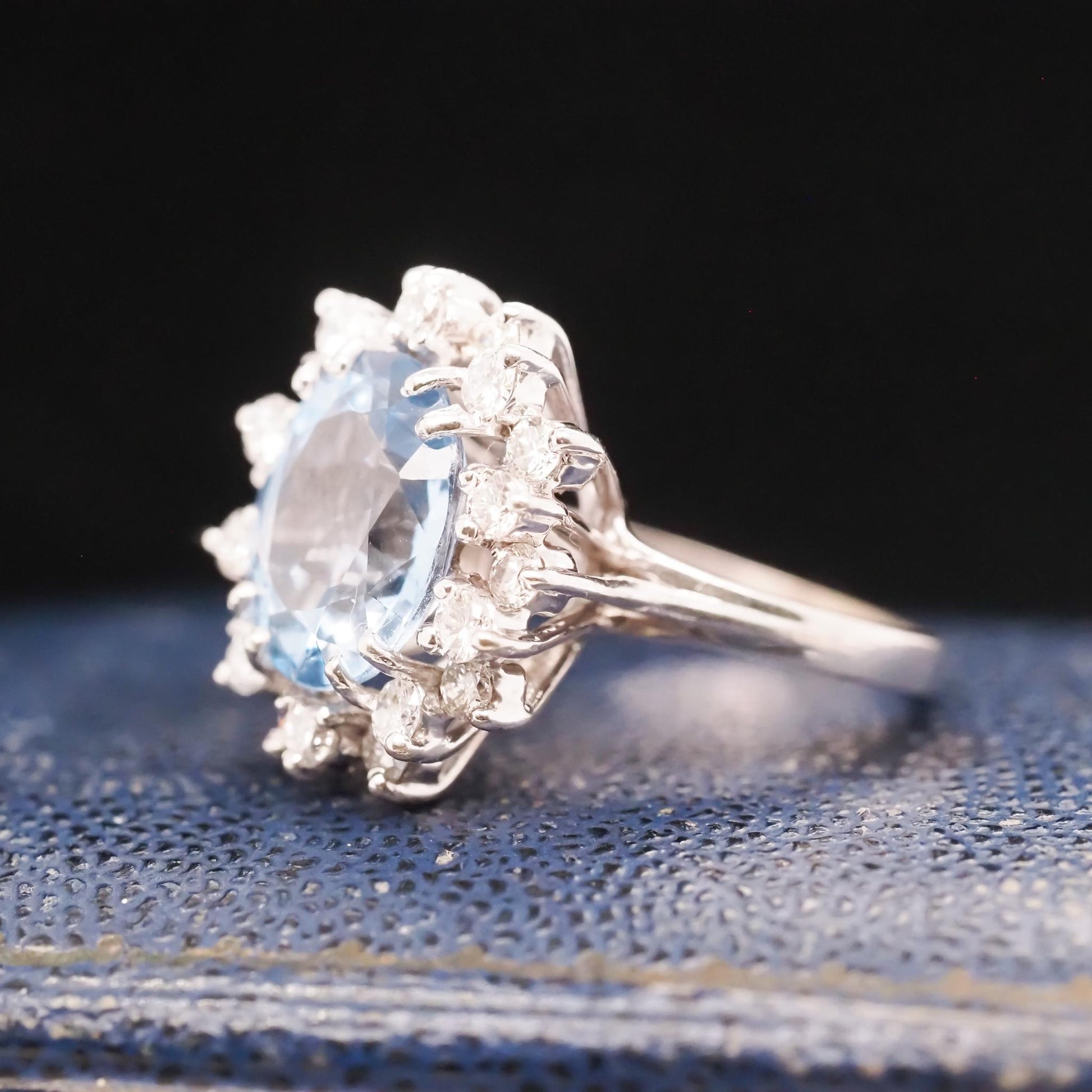 18K White Gold Blue Topaz Diamond Halo Cocktail Ring - VHK#728